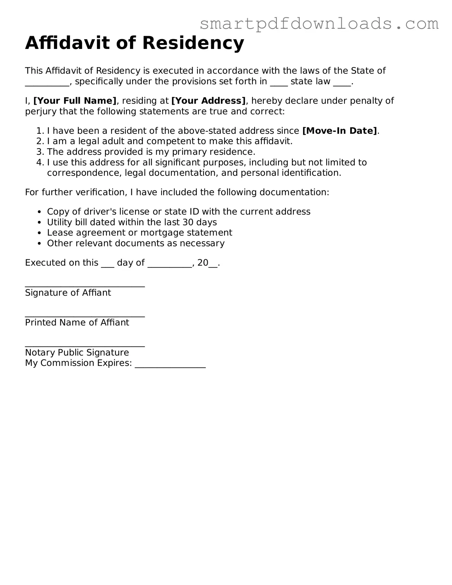 Free Affidavit of Residency Form