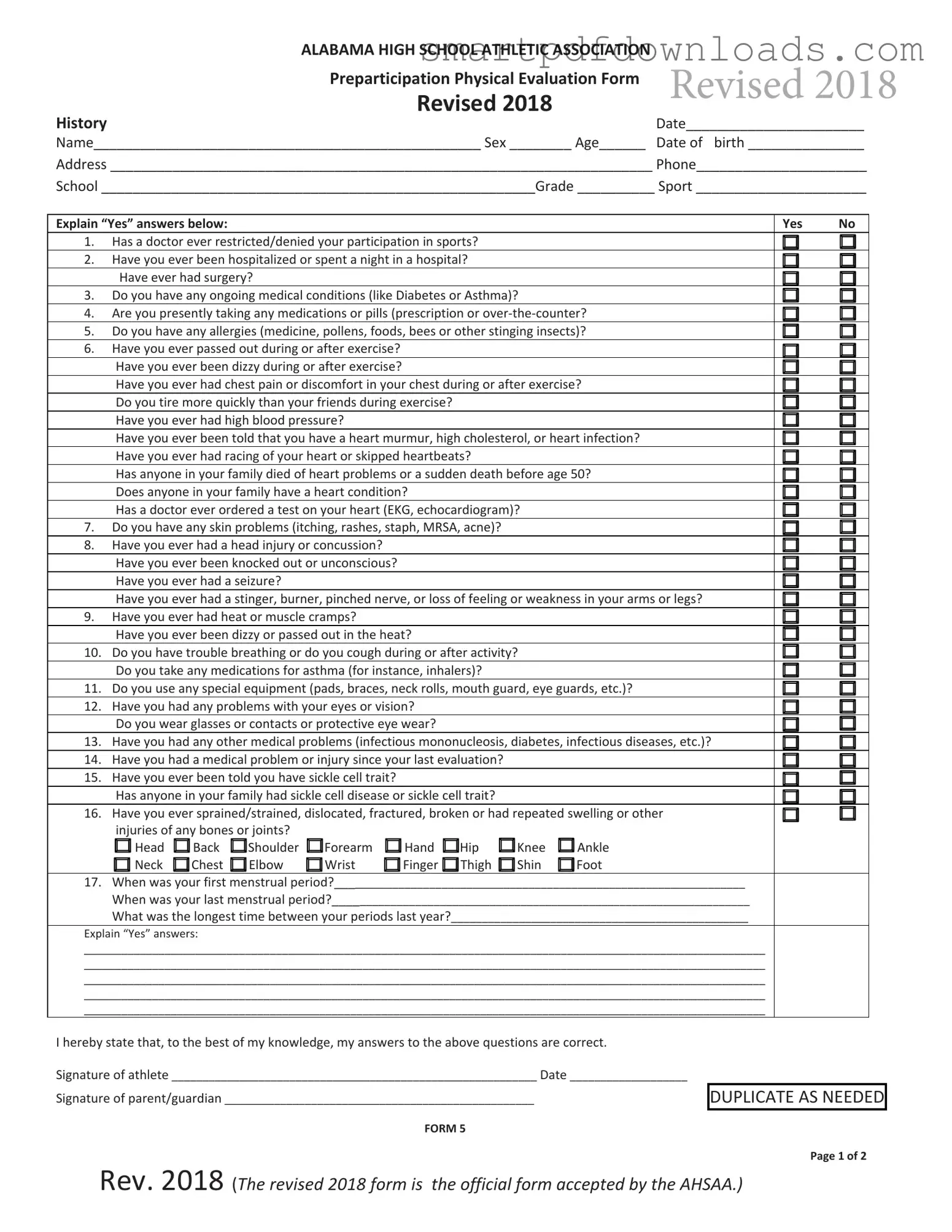 Alabama High School Physical Form