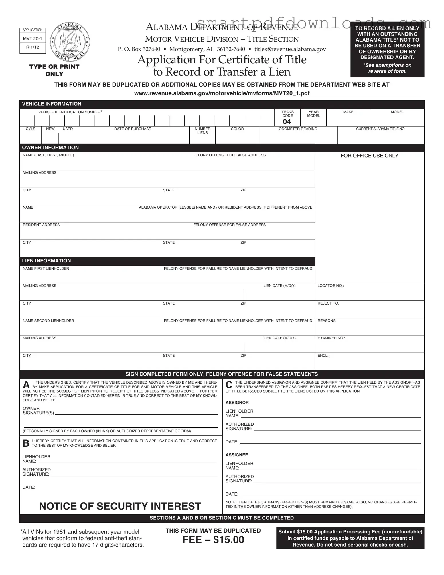 Alabama Mvt 20 1 Form