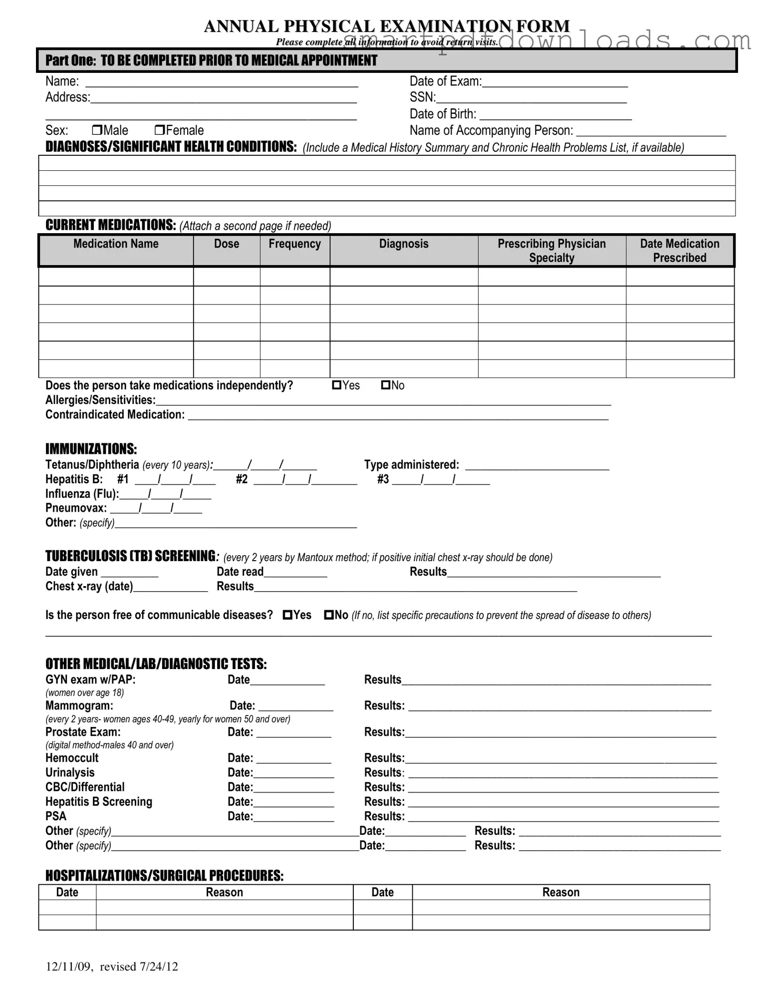 Annual Physical Examination Form