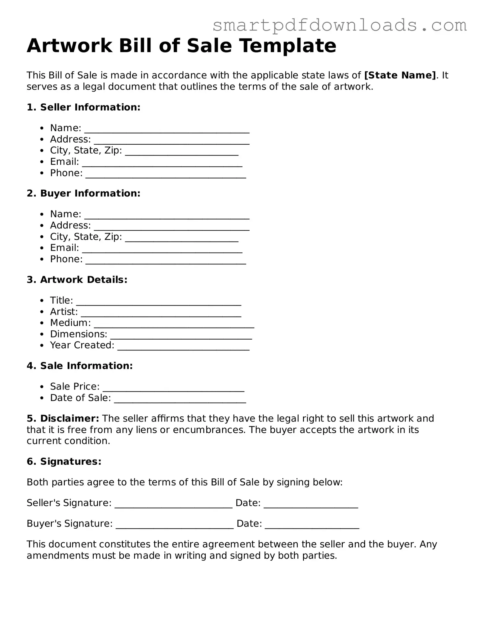 Free Artwork Bill of Sale Form