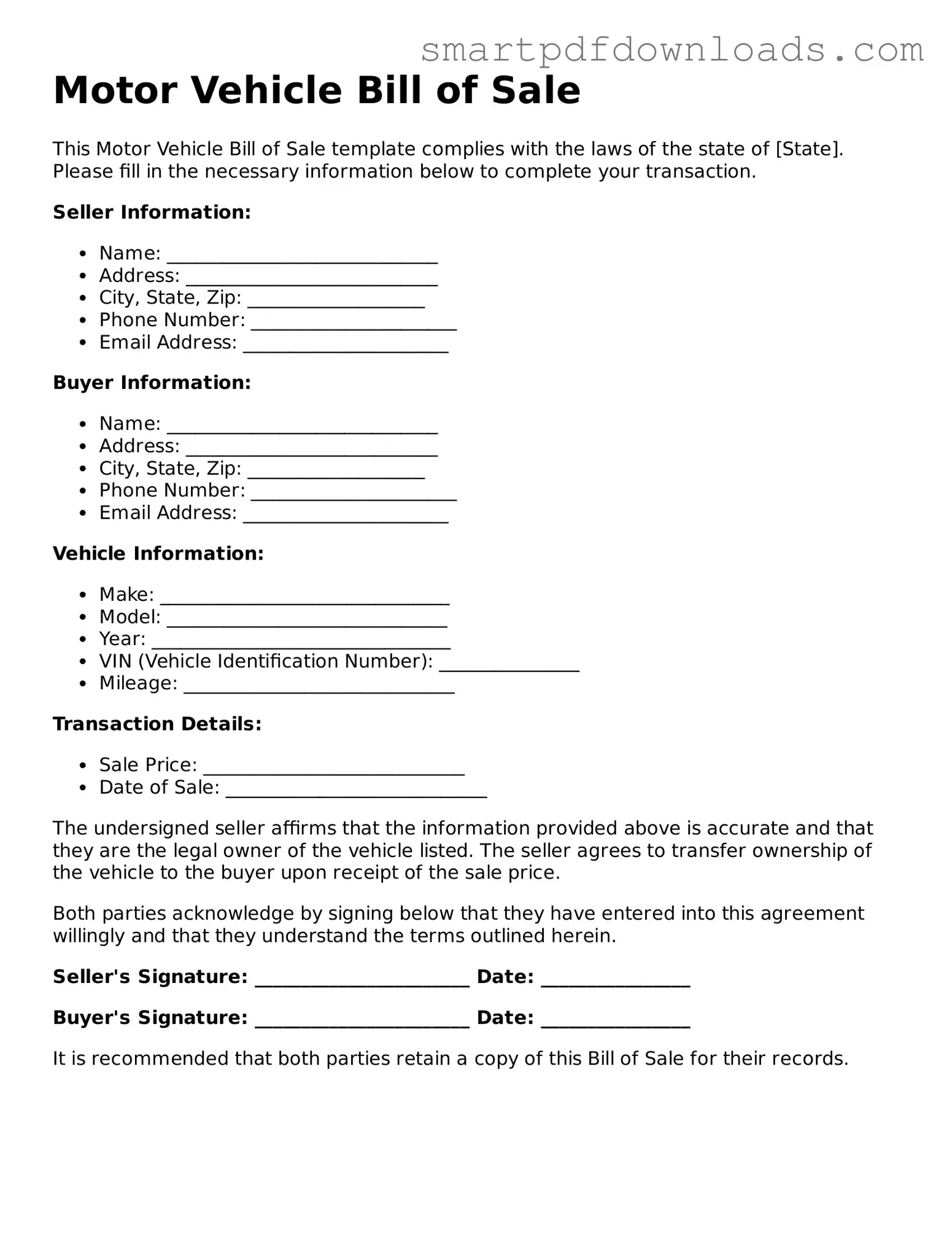 Free Motor Vehicle Bill of Sale Form