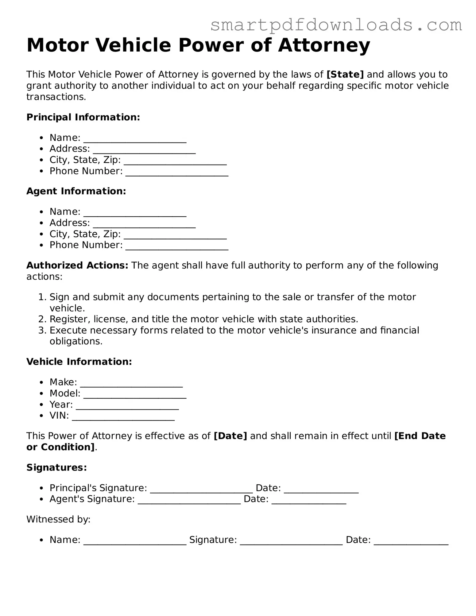 Free Motor Vehicle Power of Attorney Form
