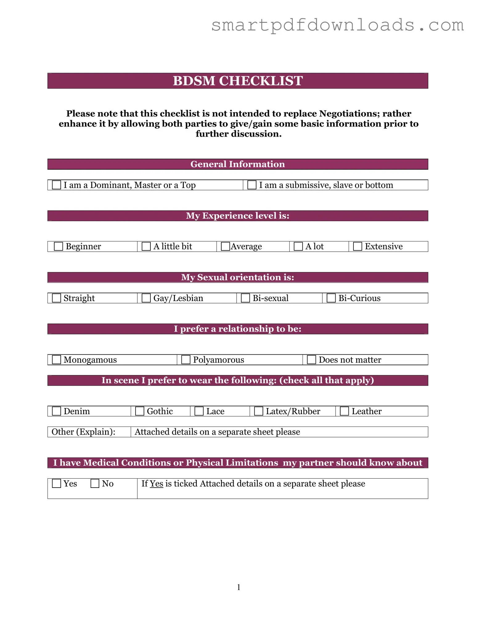 Bdsm Checklist Form