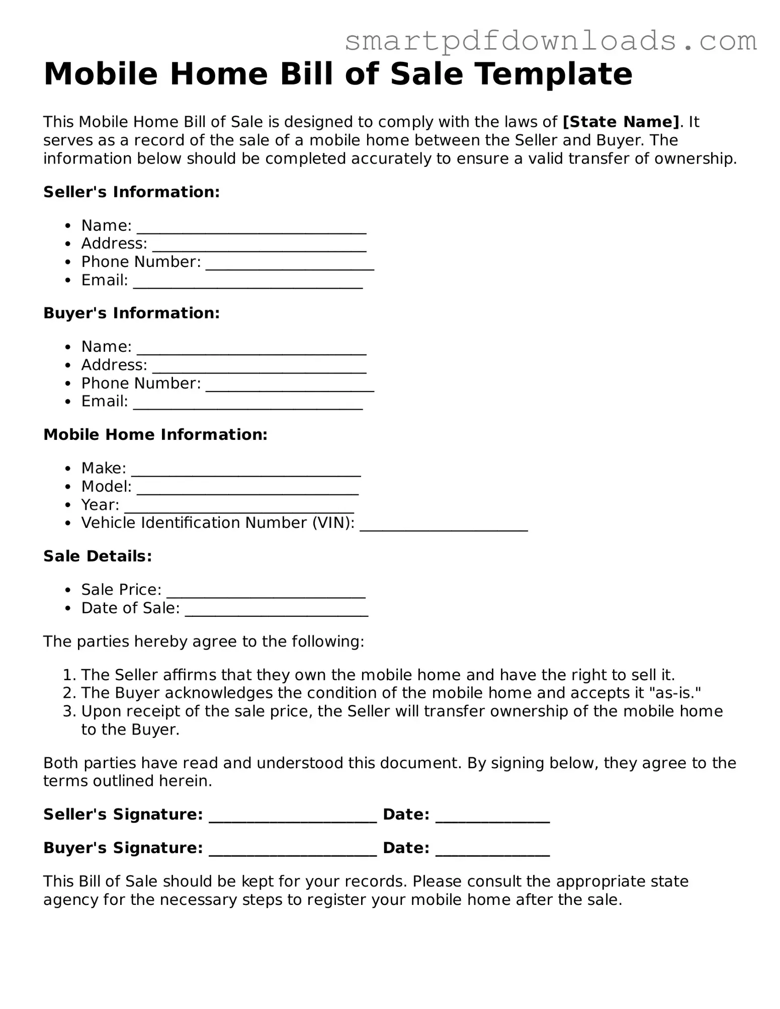 Free Mobile Home Bill of Sale Form