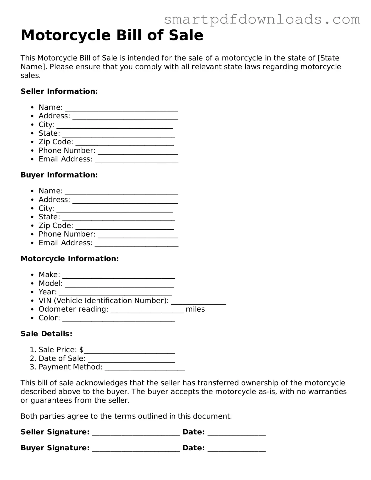Free Motorcycle Bill of Sale Form