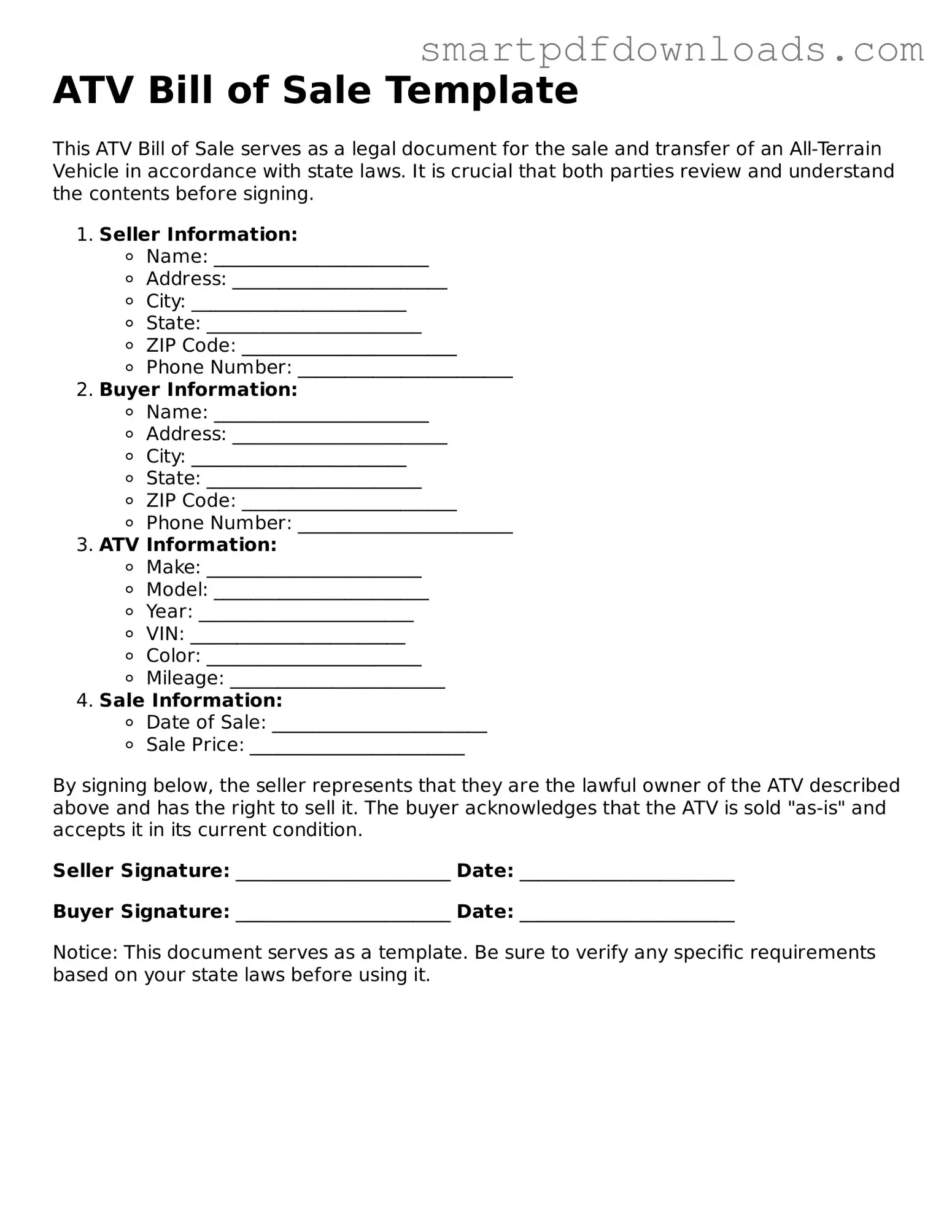 Free ATV Bill of Sale Form