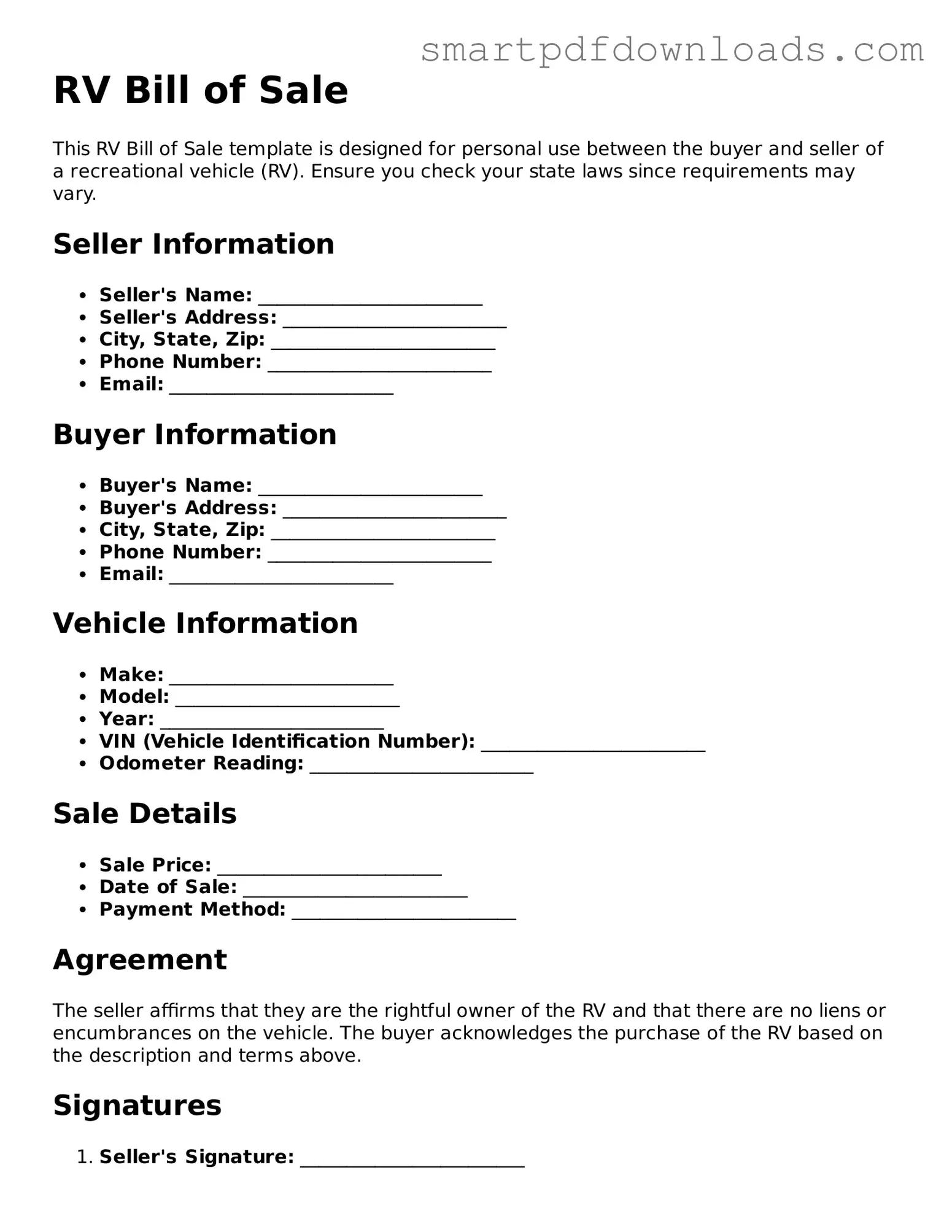 Free RV Bill of Sale Form