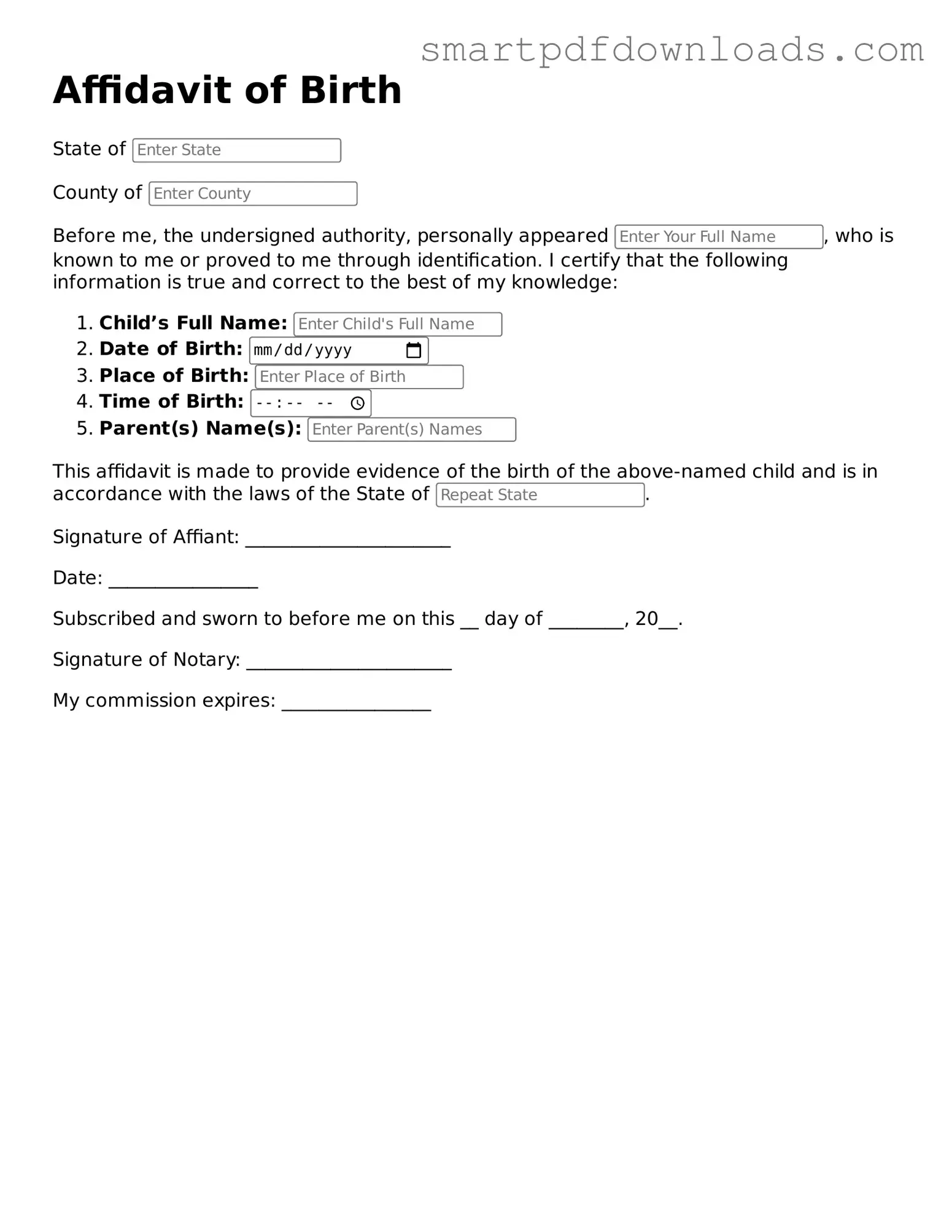 Free Affidavit of Birth Form