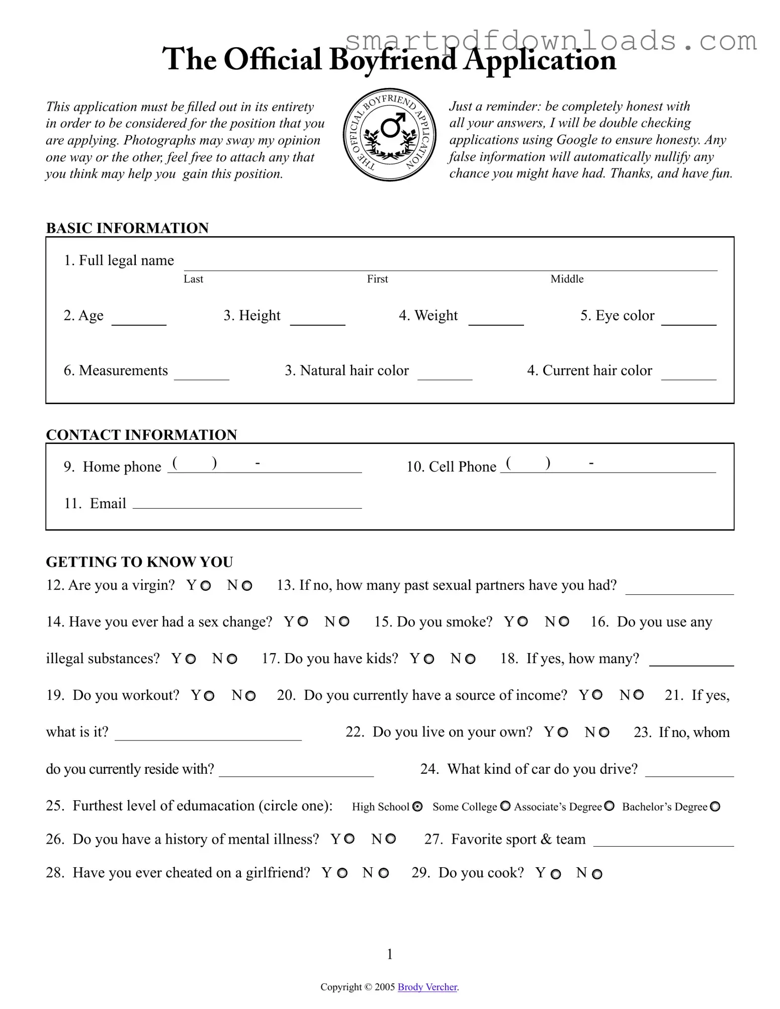 Boyfriend application form Form