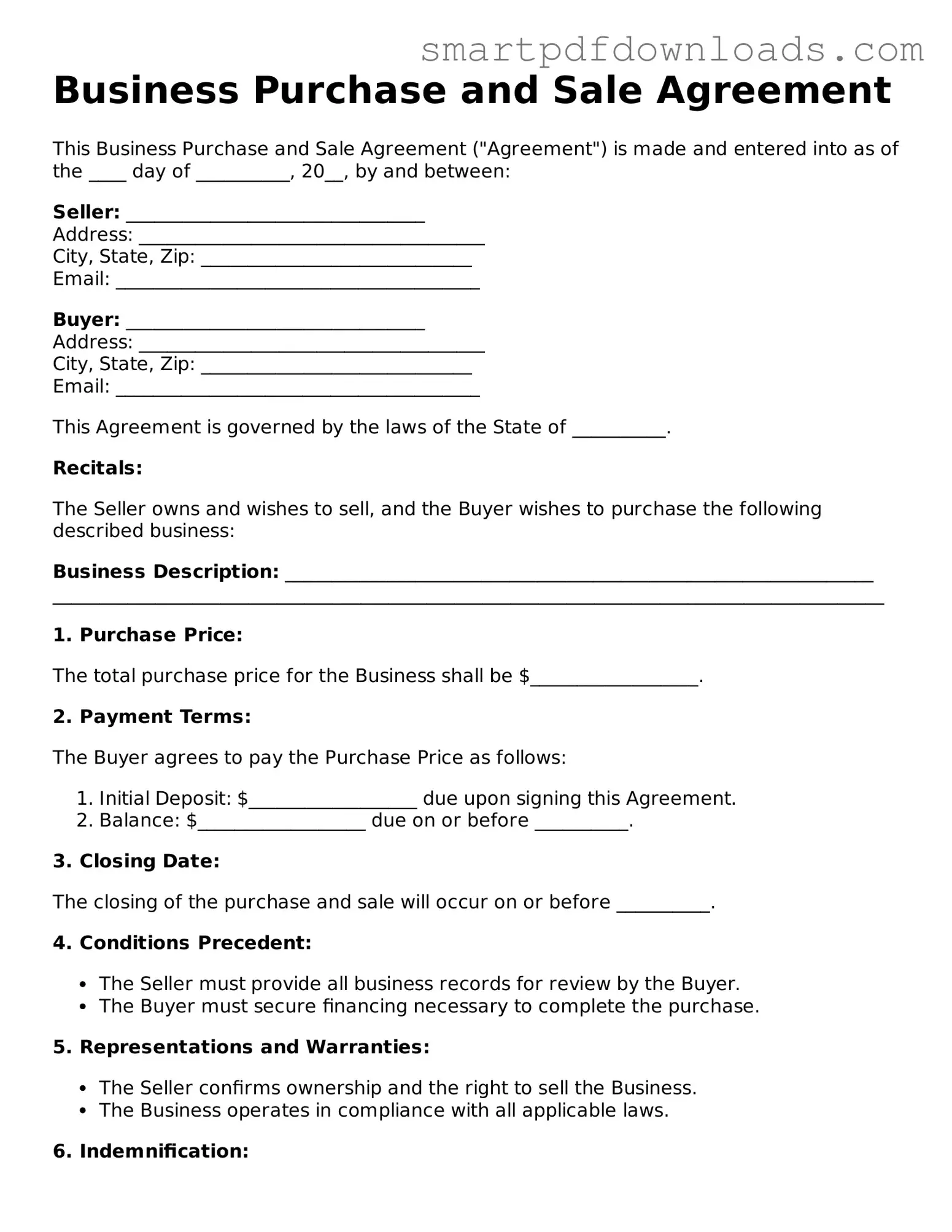 Free Business Purchase and Sale Agreement Form