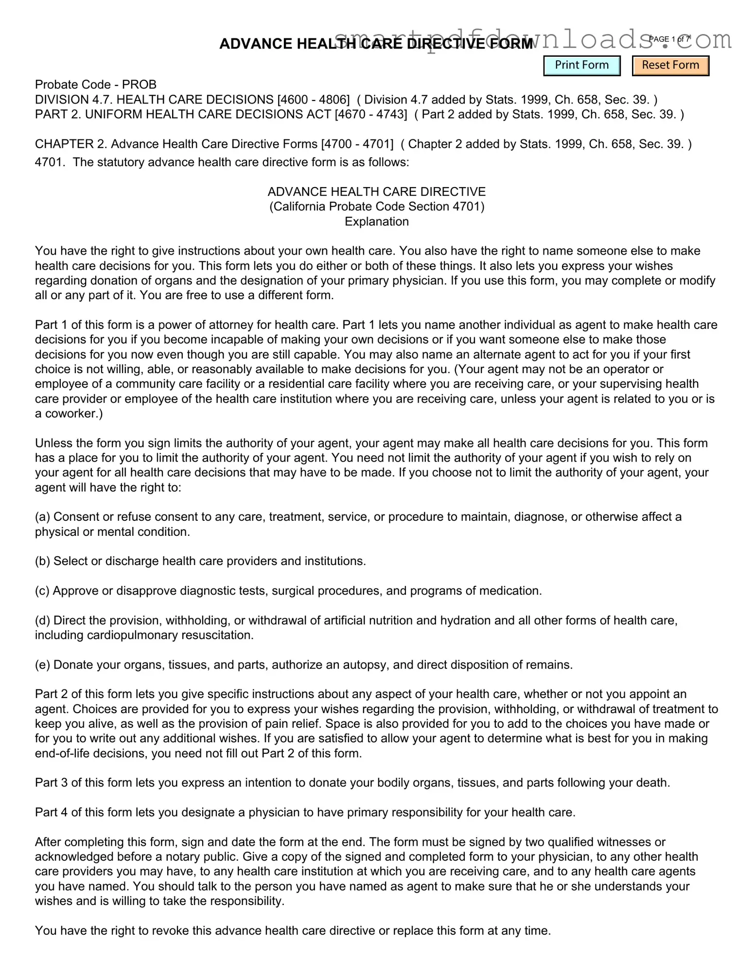 California Advanced Health Care Directive Form