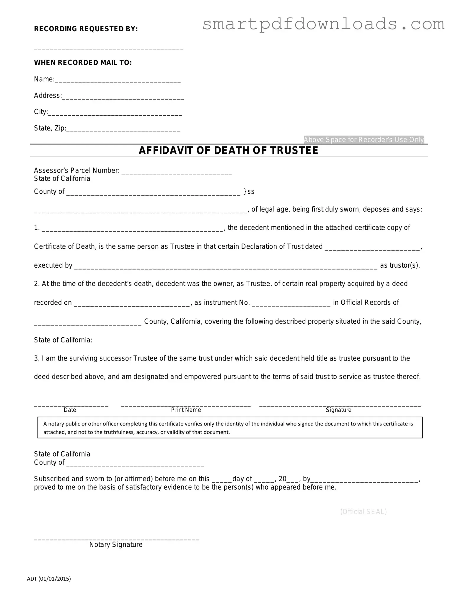 California Affidavit of Death of a Trustee Form