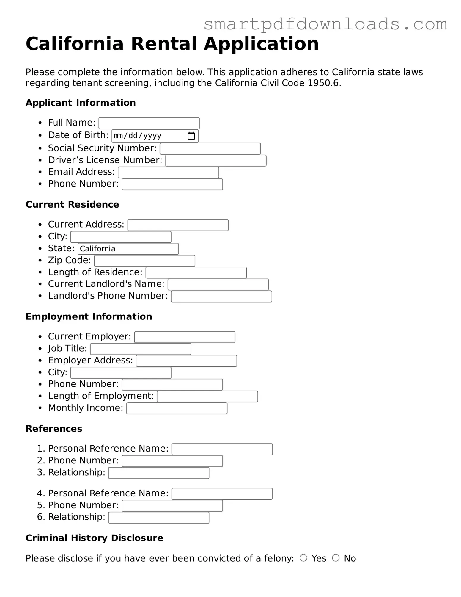 Legal Rental Application Form for the State of California