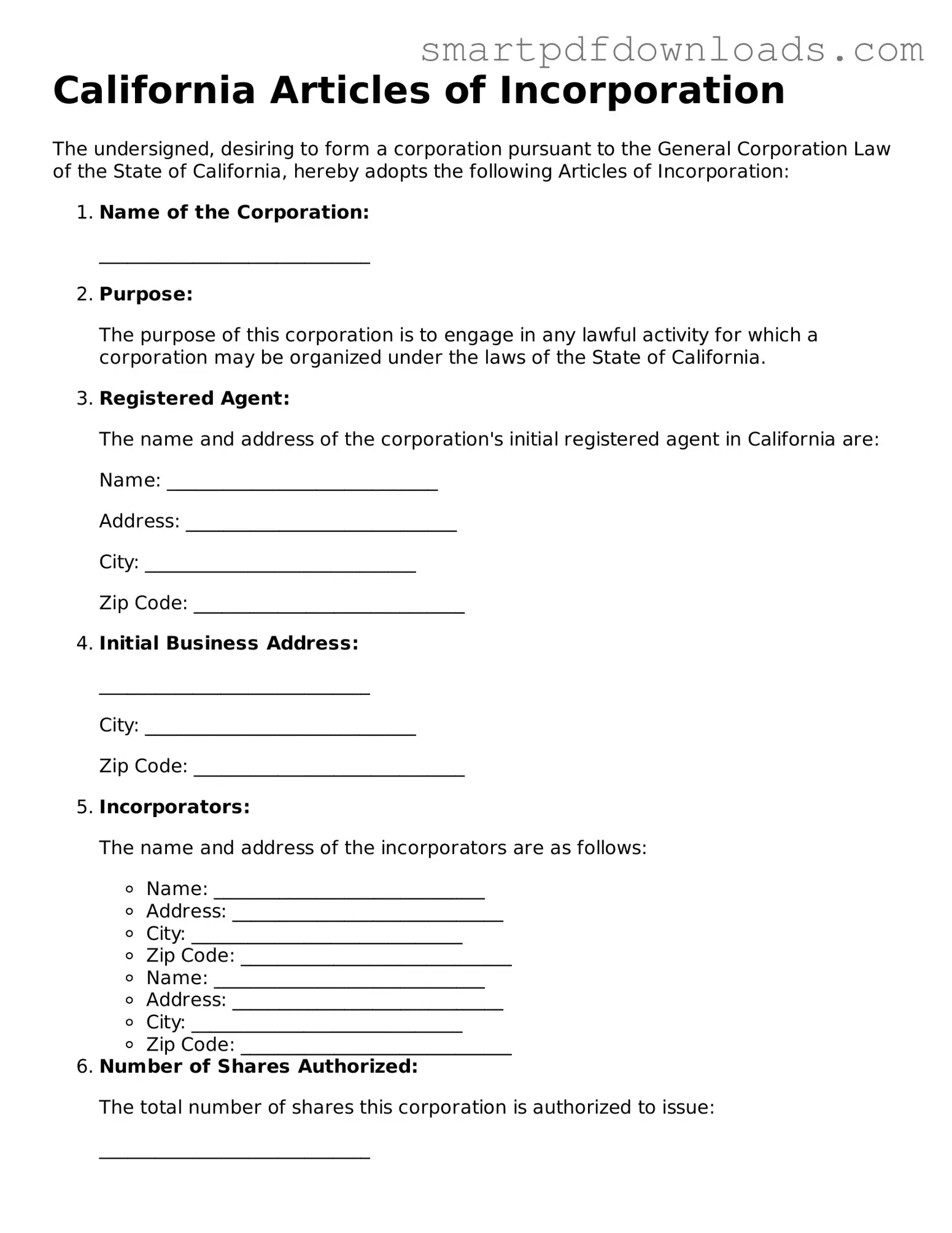 Legal Articles of Incorporation Form for the State of California