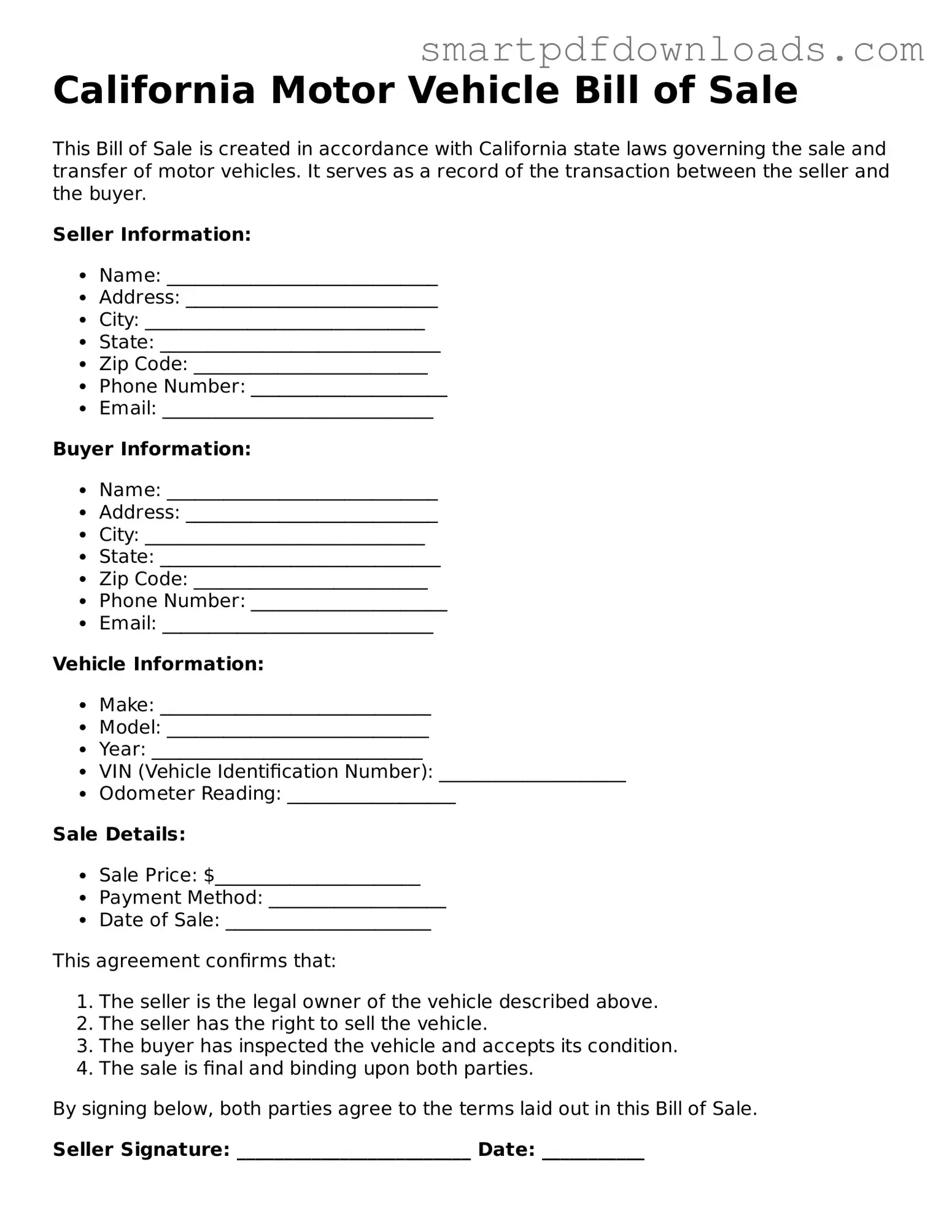 Legal Motor Vehicle Bill of Sale Form for the State of California
