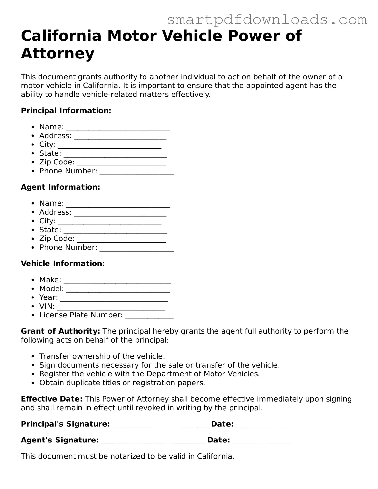 Legal Motor Vehicle Power of Attorney Form for the State of California