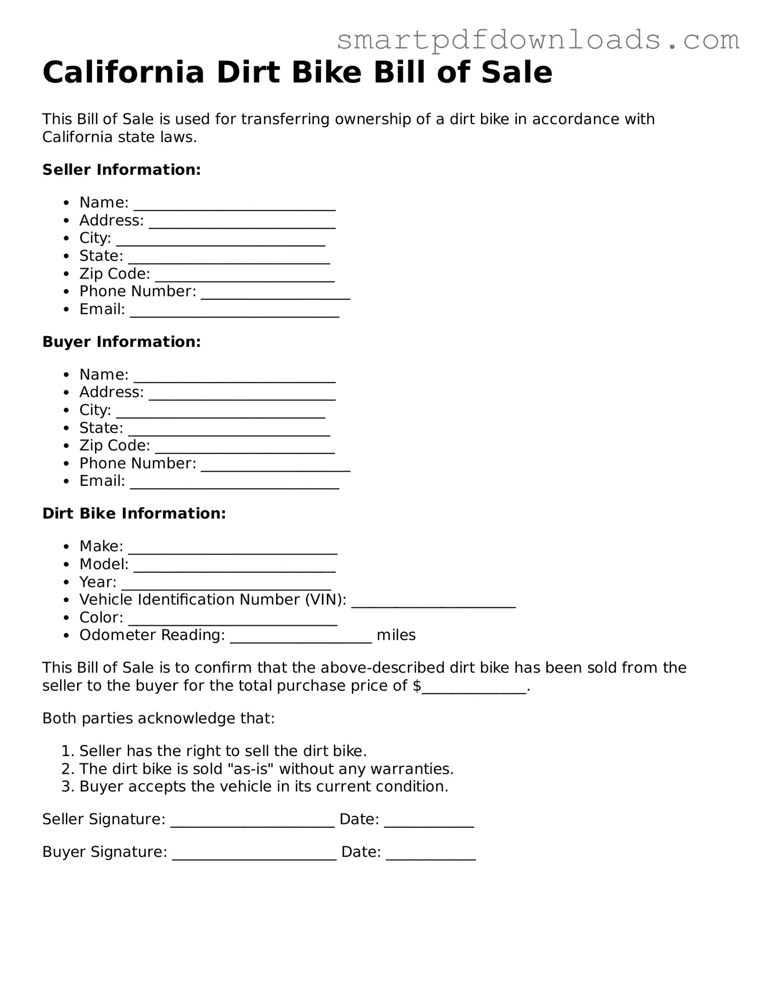 Legal Dirt Bike Bill of Sale Form for the State of California