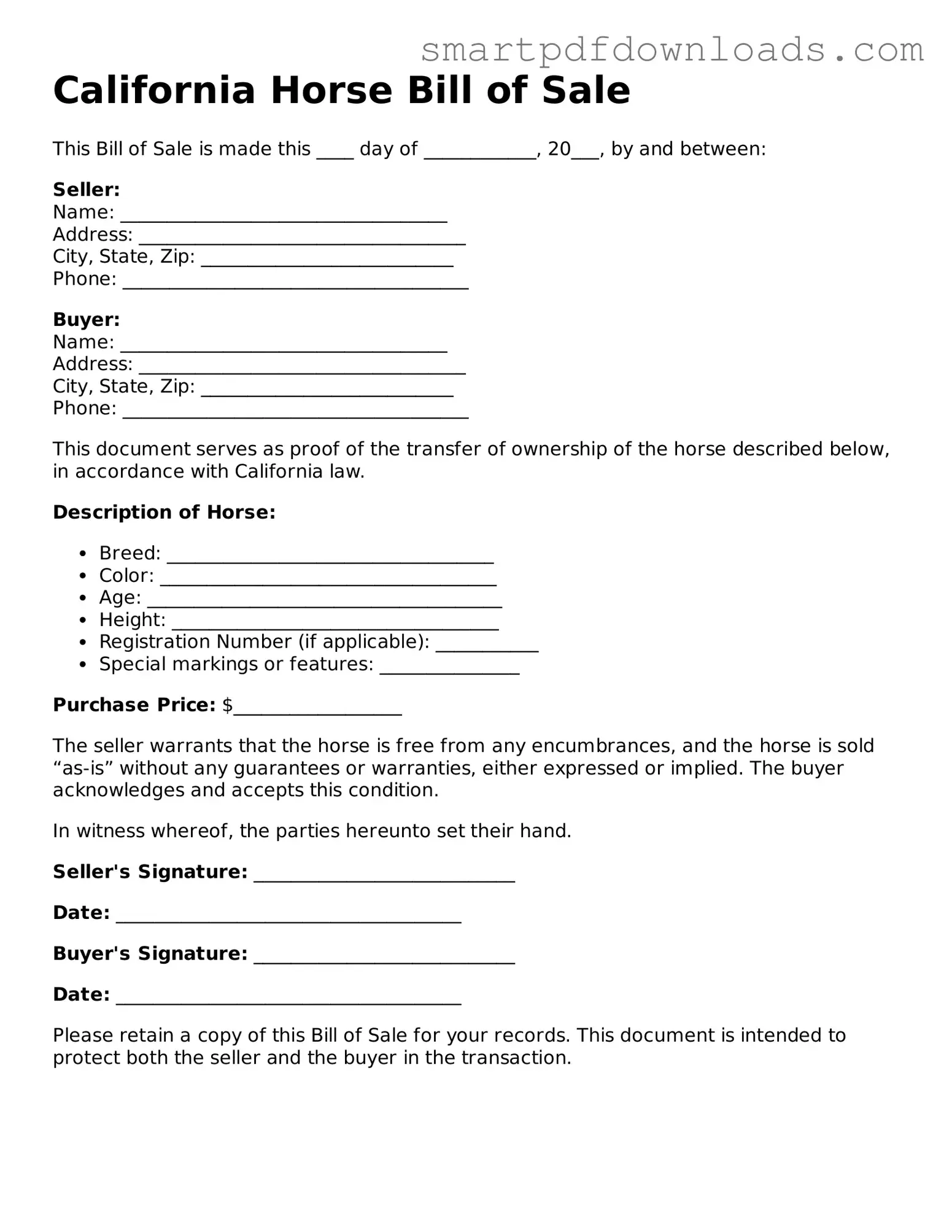 Legal Horse Bill of Sale Form for the State of California