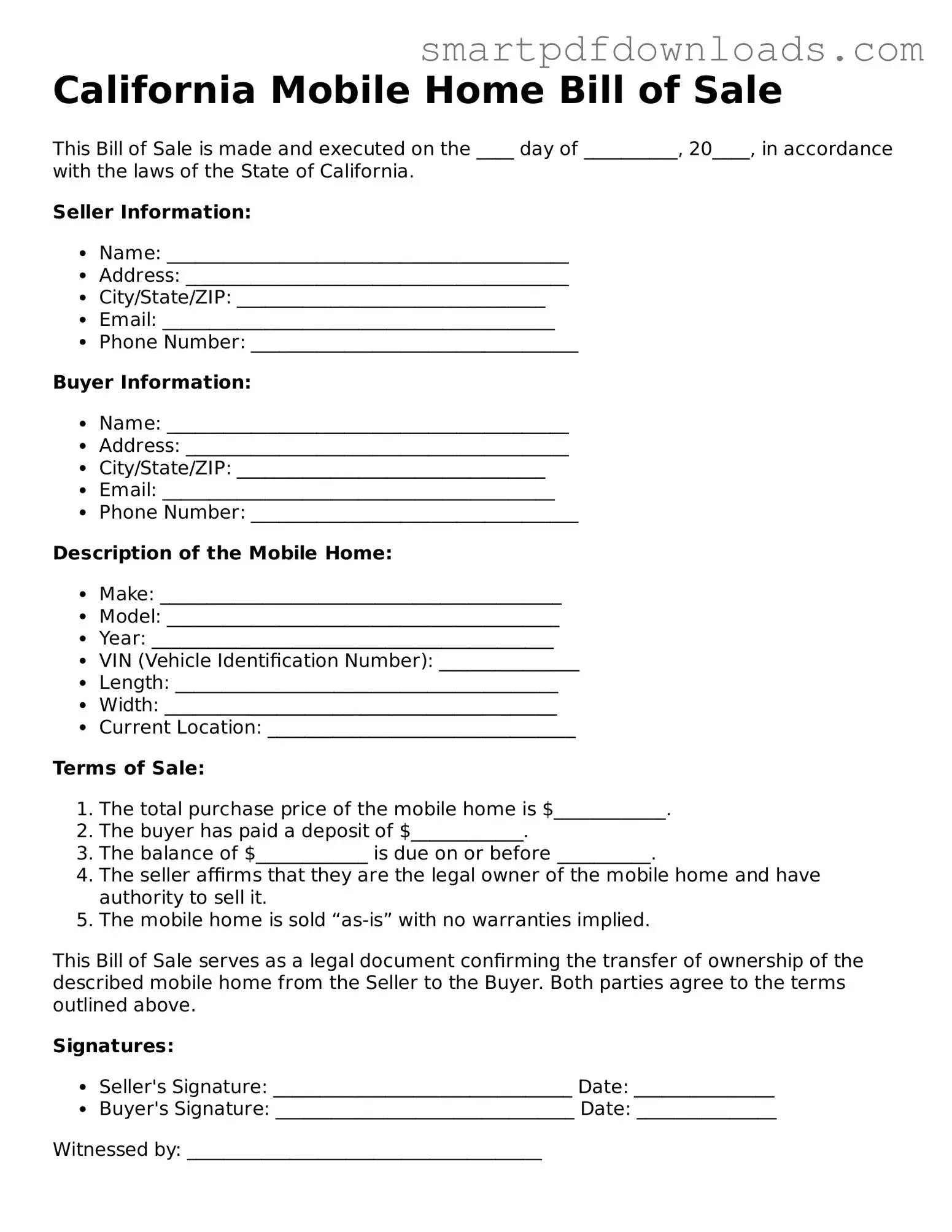 Legal Mobile Home Bill of Sale Form for the State of California