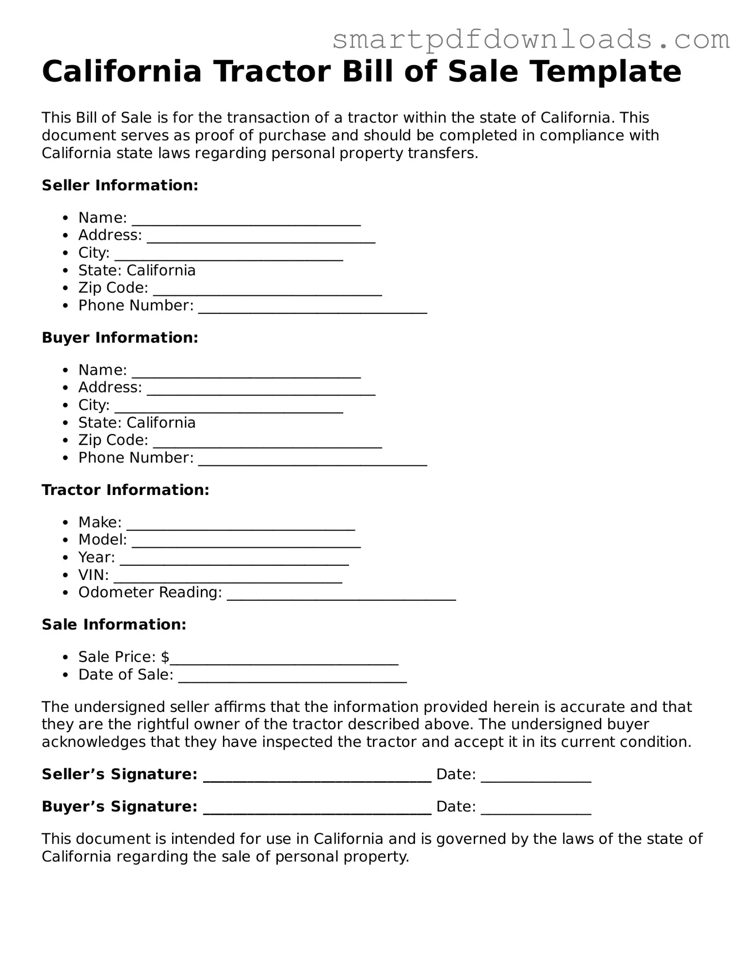 Legal Tractor Bill of Sale Form for the State of California