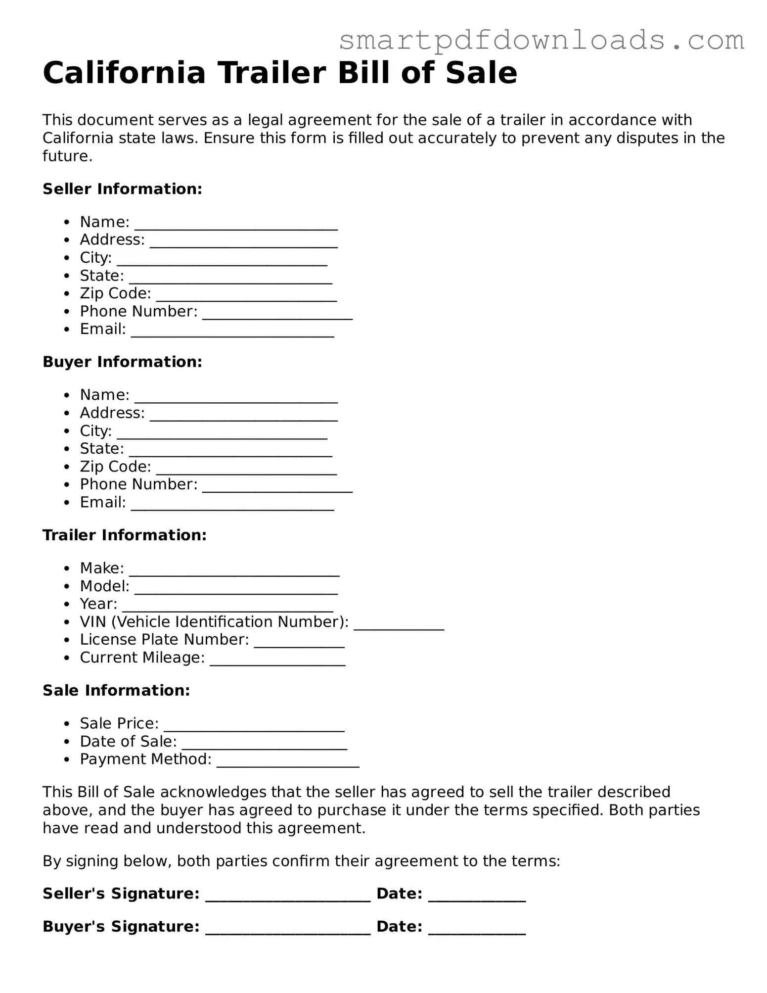 Legal Trailer Bill of Sale Form for the State of California