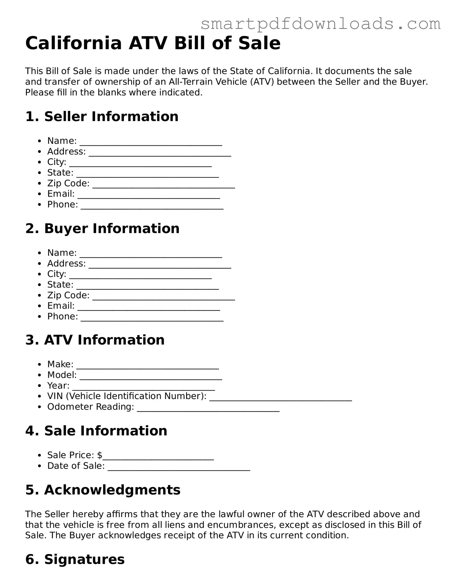 Legal ATV Bill of Sale Form for the State of California