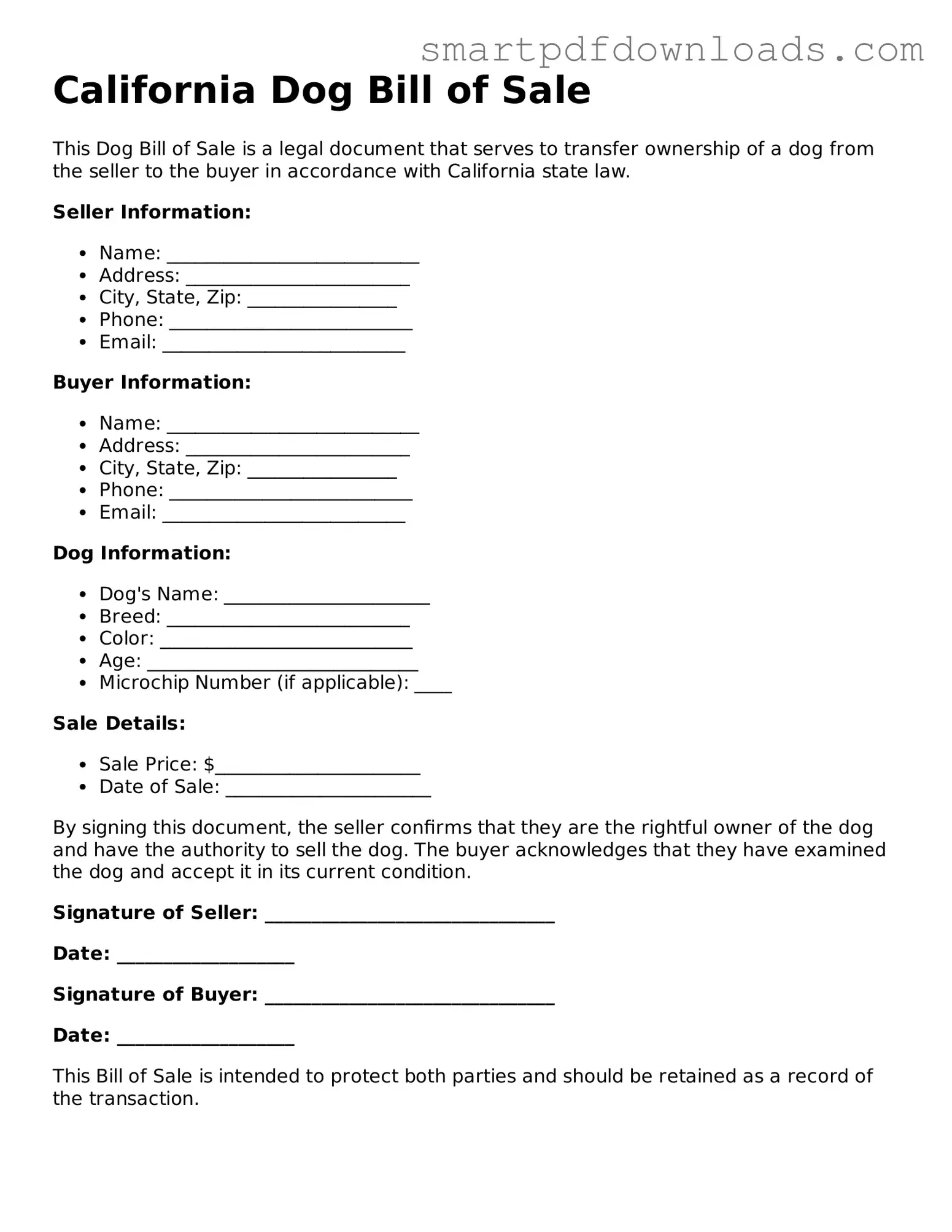 Legal Dog Bill of Sale Form for the State of California