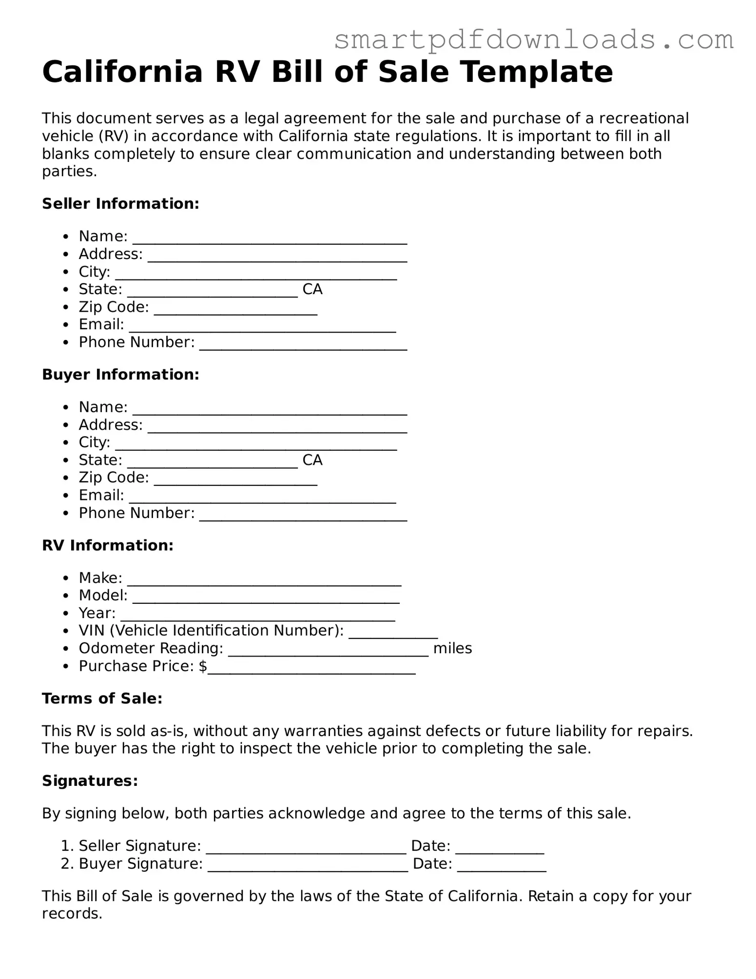 Legal RV Bill of Sale Form for the State of California