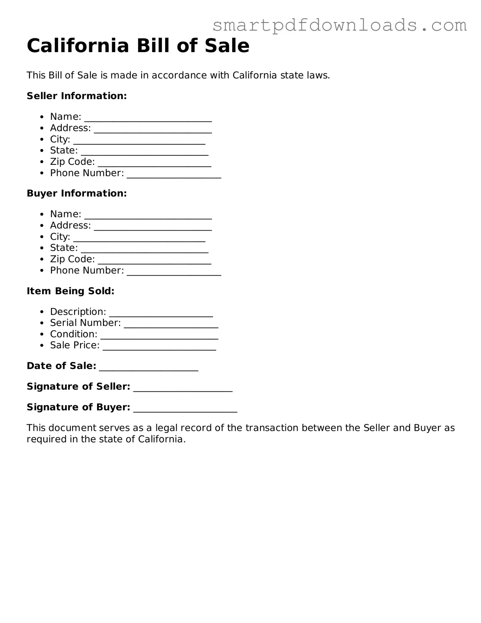 Legal Bill of Sale Form for the State of California