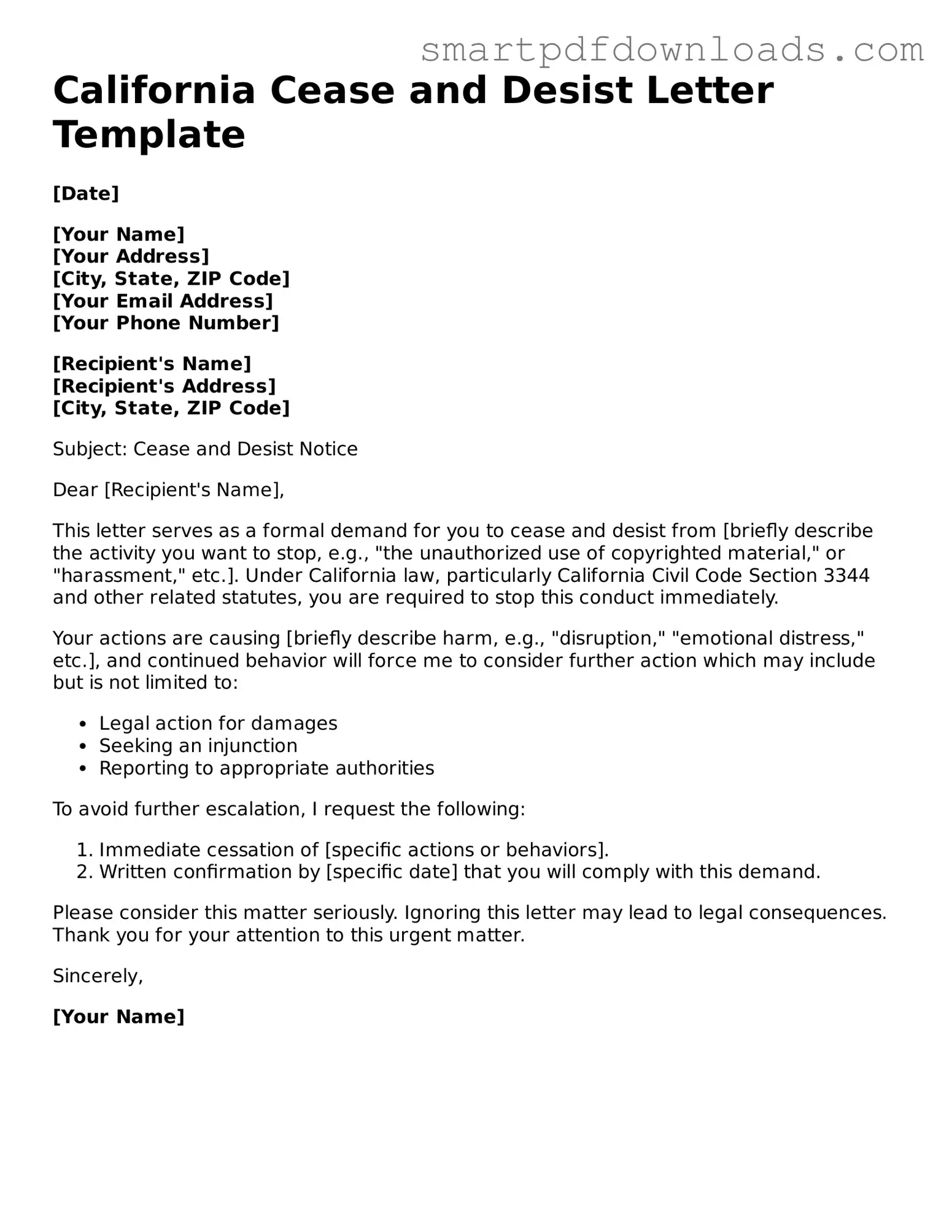 Legal Cease and Desist Letter Form for the State of California