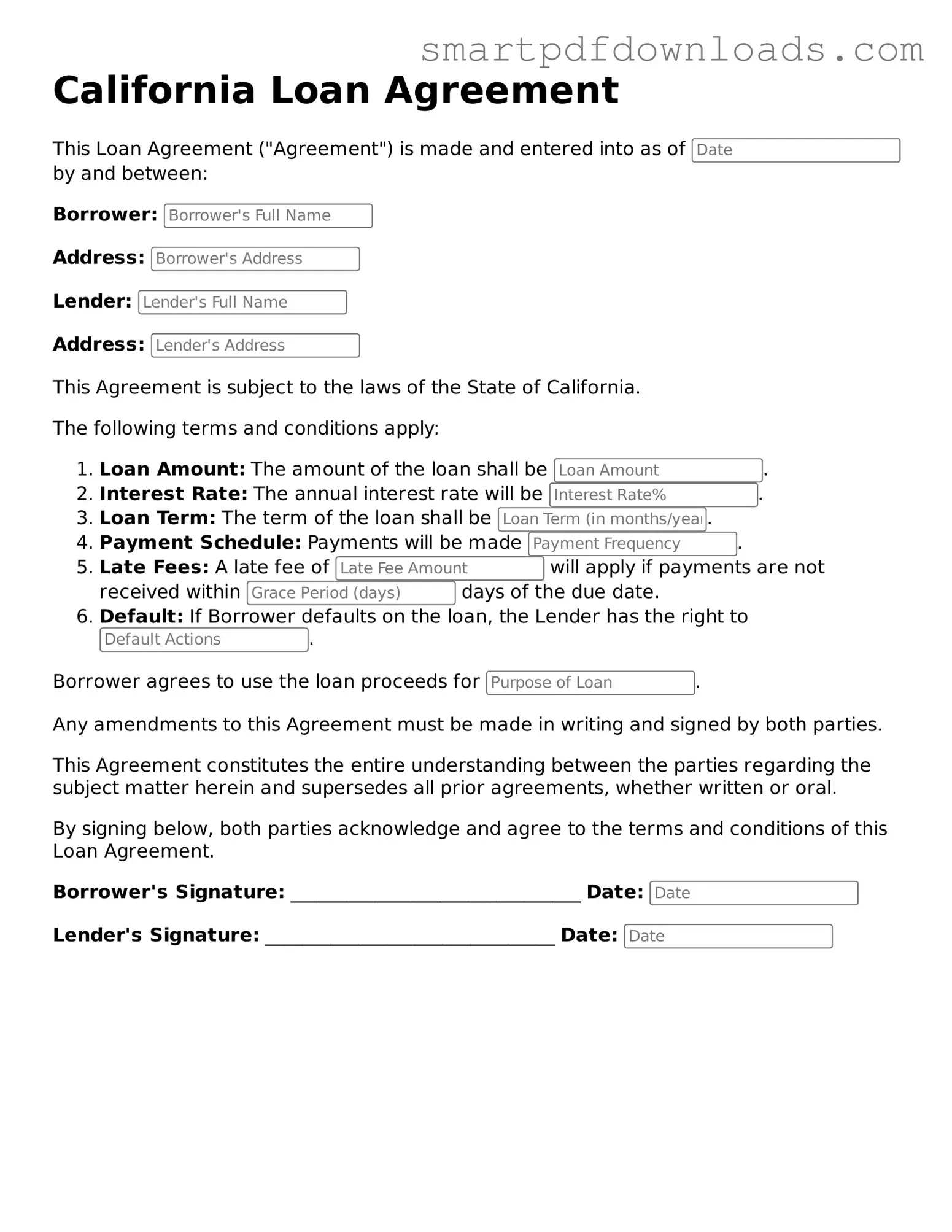 Legal Loan Agreement Form for the State of California