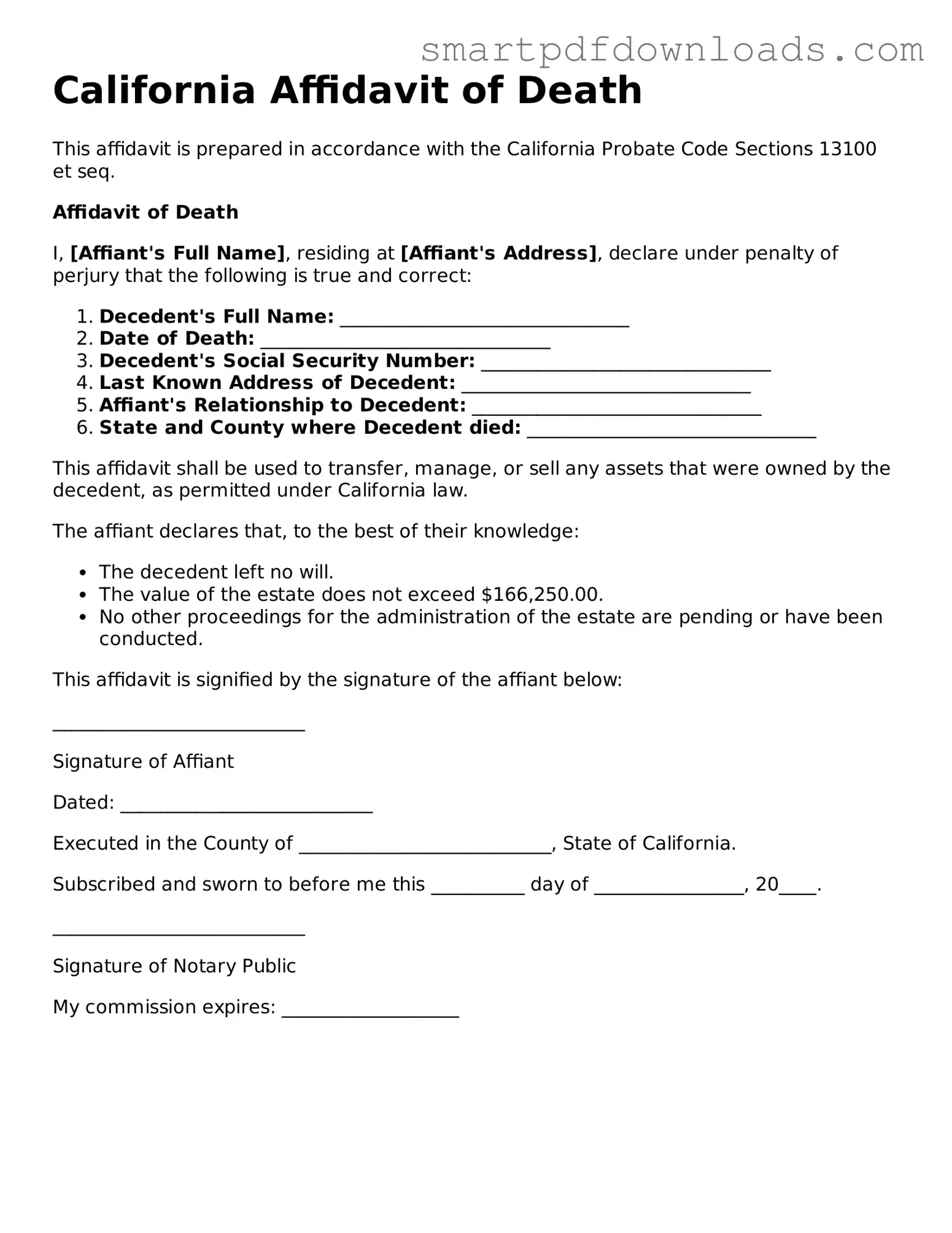 Legal Affidavit of Death Form for the State of California