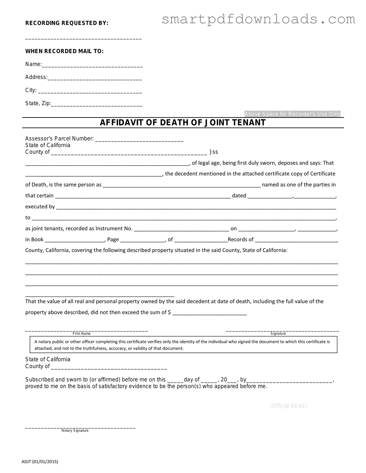 California Death of a Joint Tenant Affidavit Form