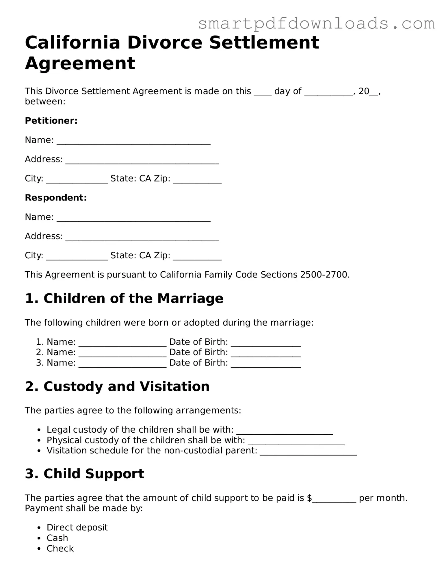 Legal Divorce Settlement Agreement Form for the State of California