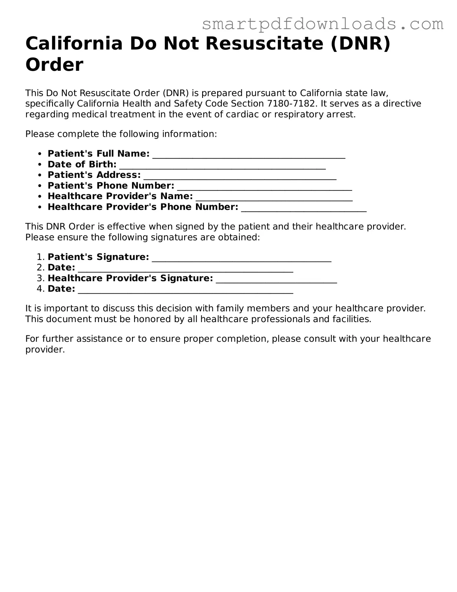 Legal Do Not Resuscitate Order Form for the State of California