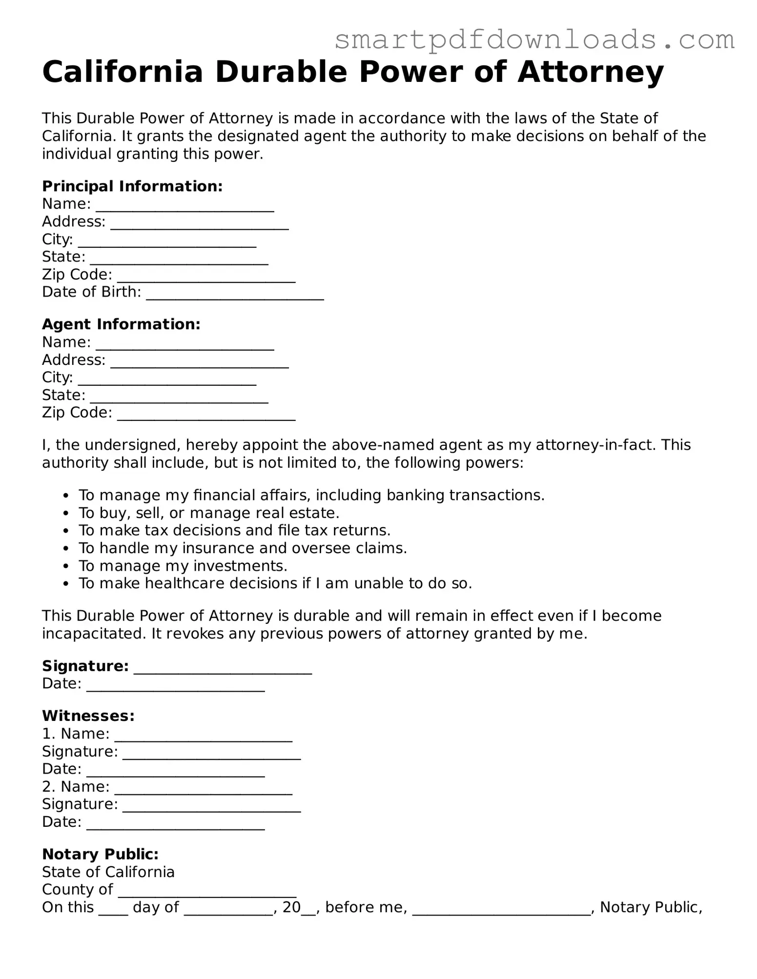 Legal Durable Power of Attorney Form for the State of California