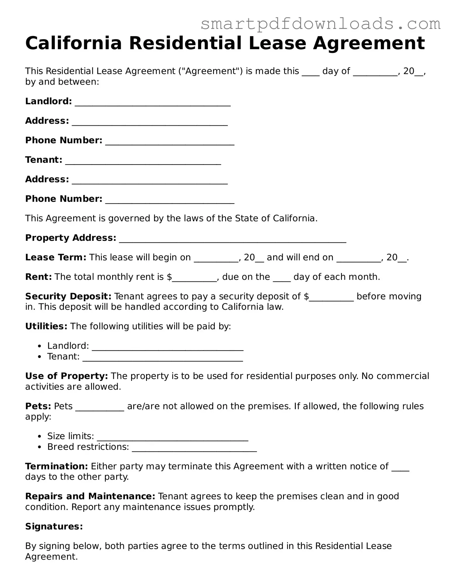 Legal Residential Lease Agreement Form for the State of California