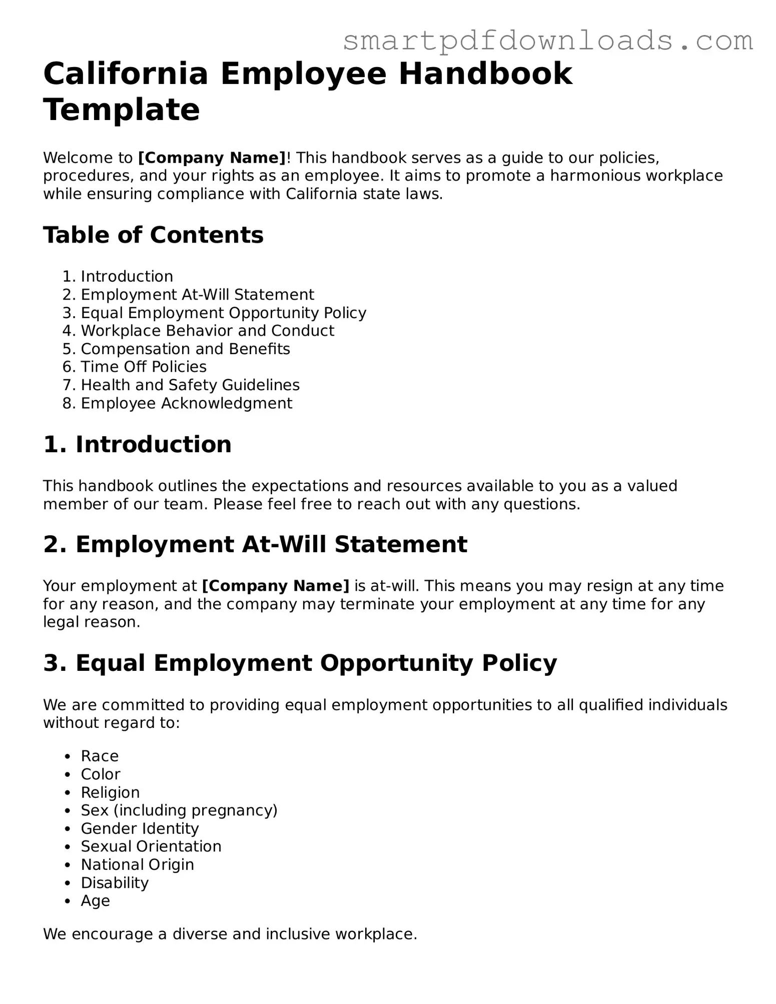 Legal Employee Handbook Form for the State of California