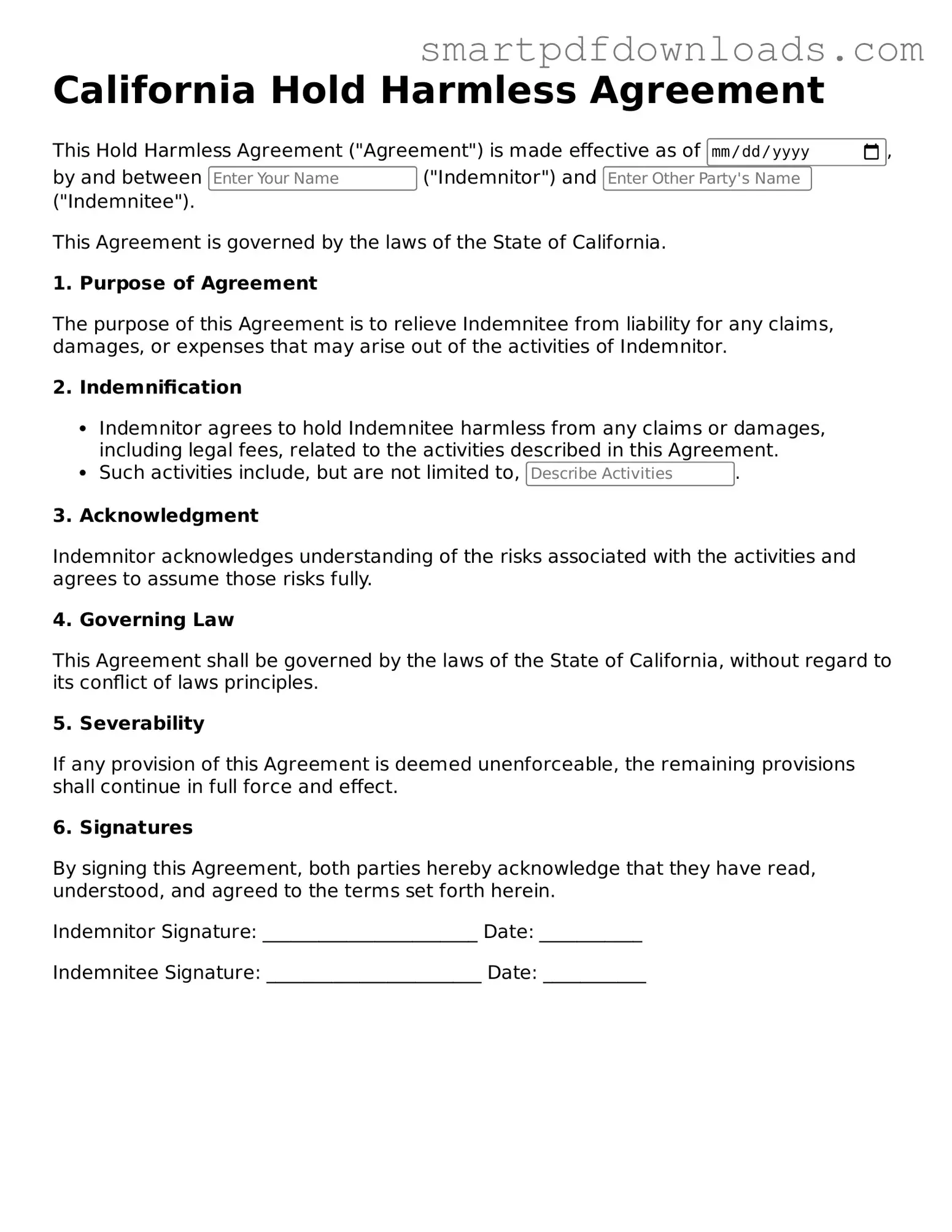 Legal Hold Harmless Agreement Form for the State of California