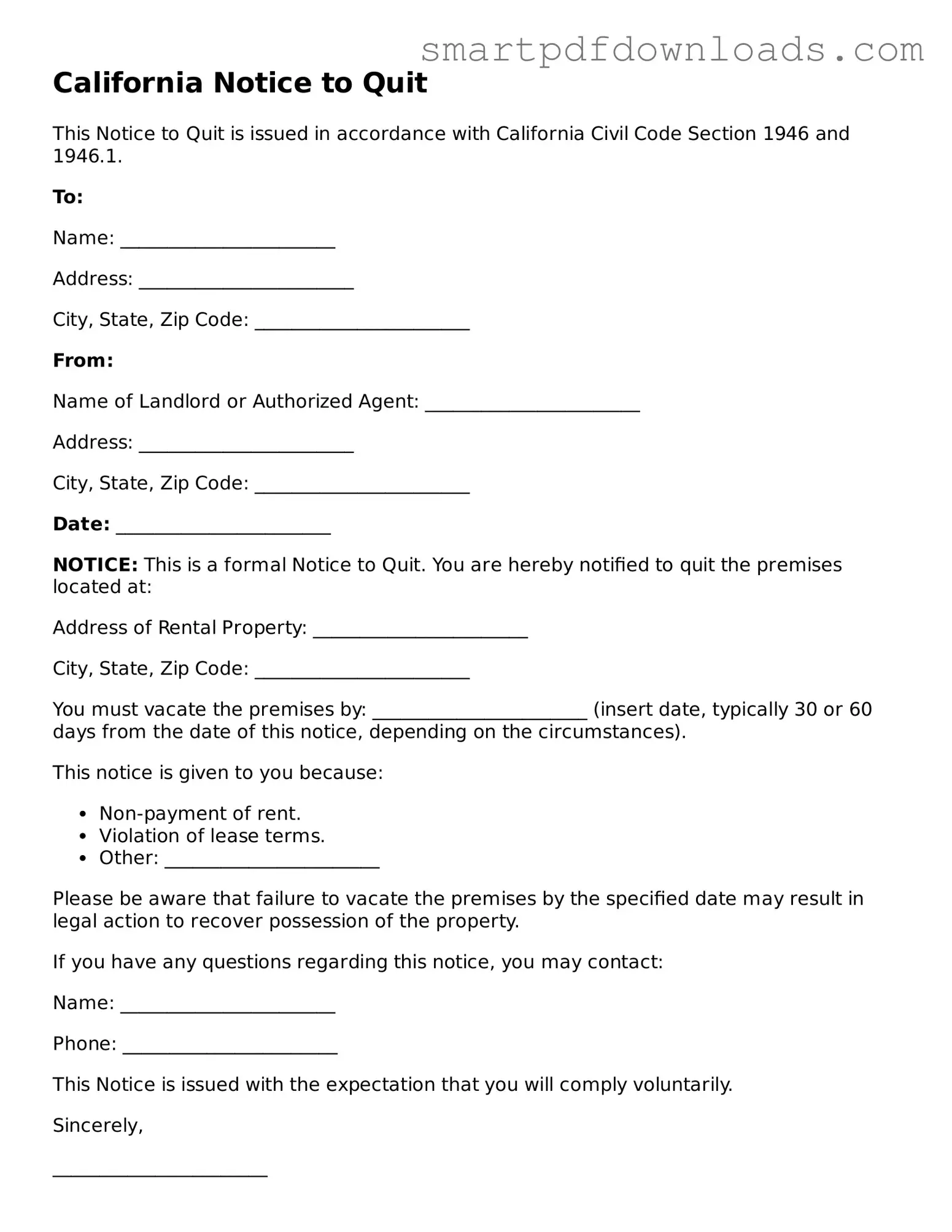 Legal Notice to Quit Form for the State of California