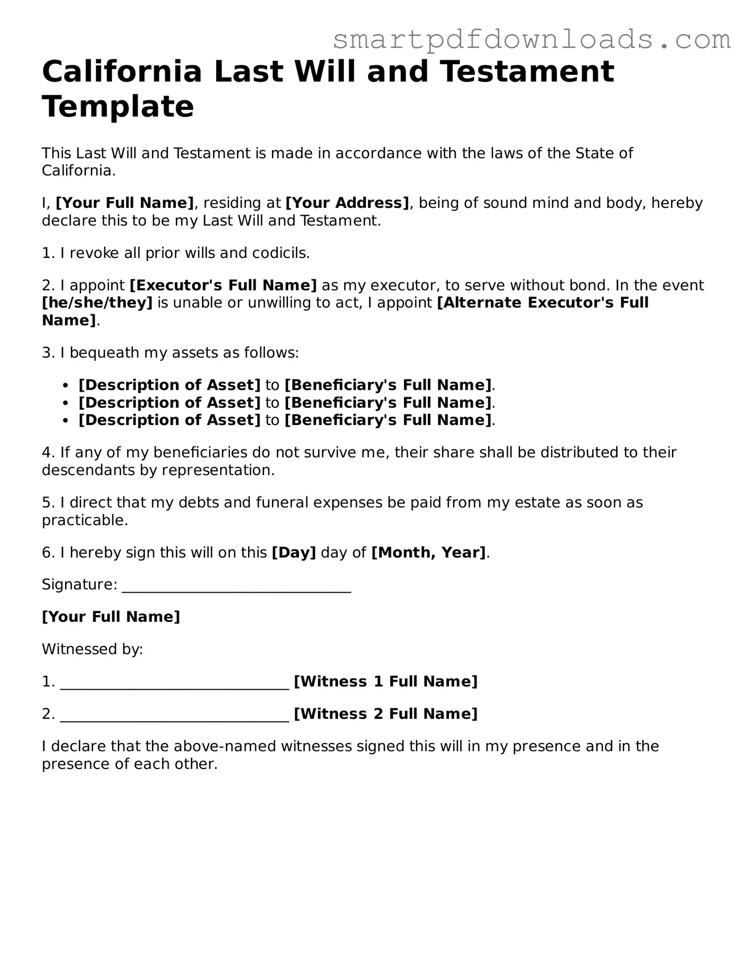 Legal Last Will and Testament Form for the State of California