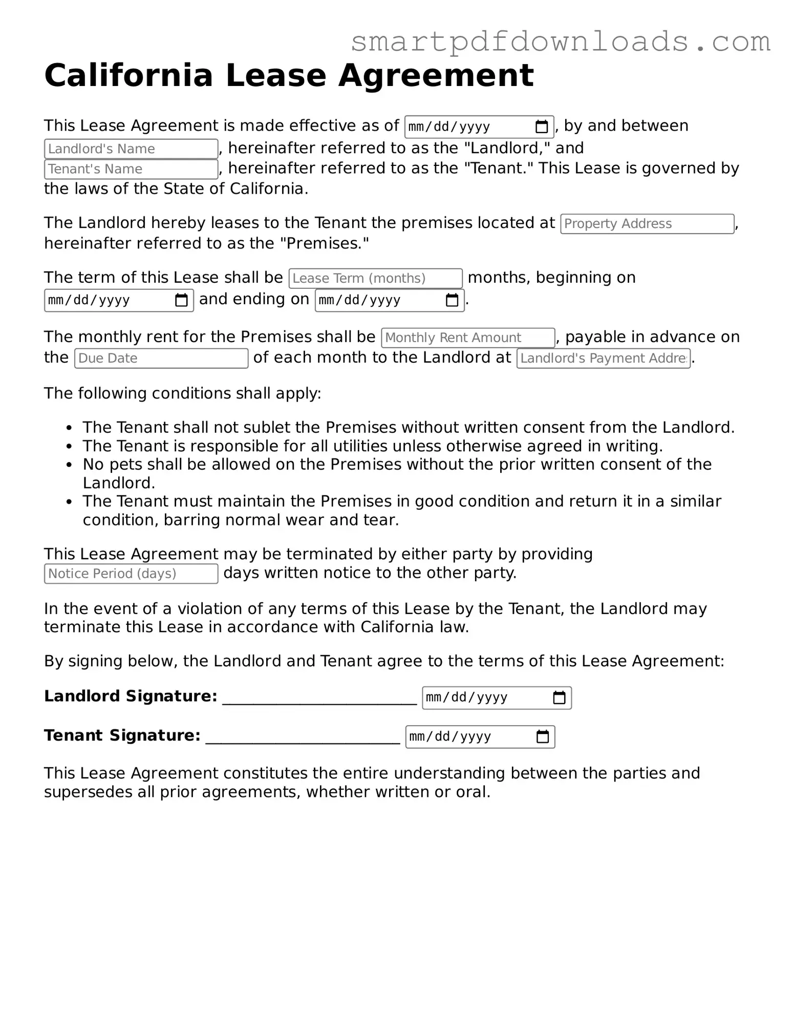 Legal Lease Agreement Form for the State of California