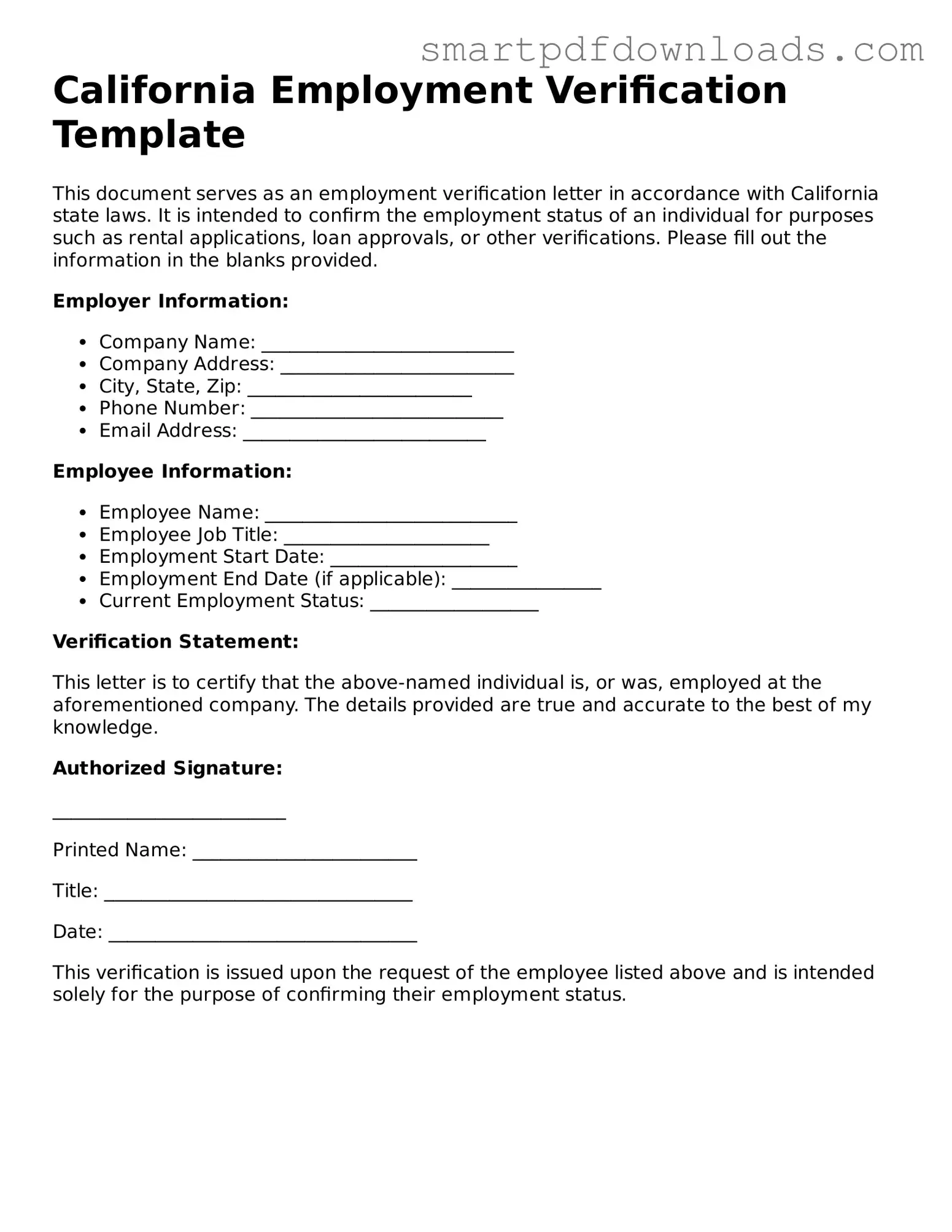 Legal Employment Verification Form for the State of California