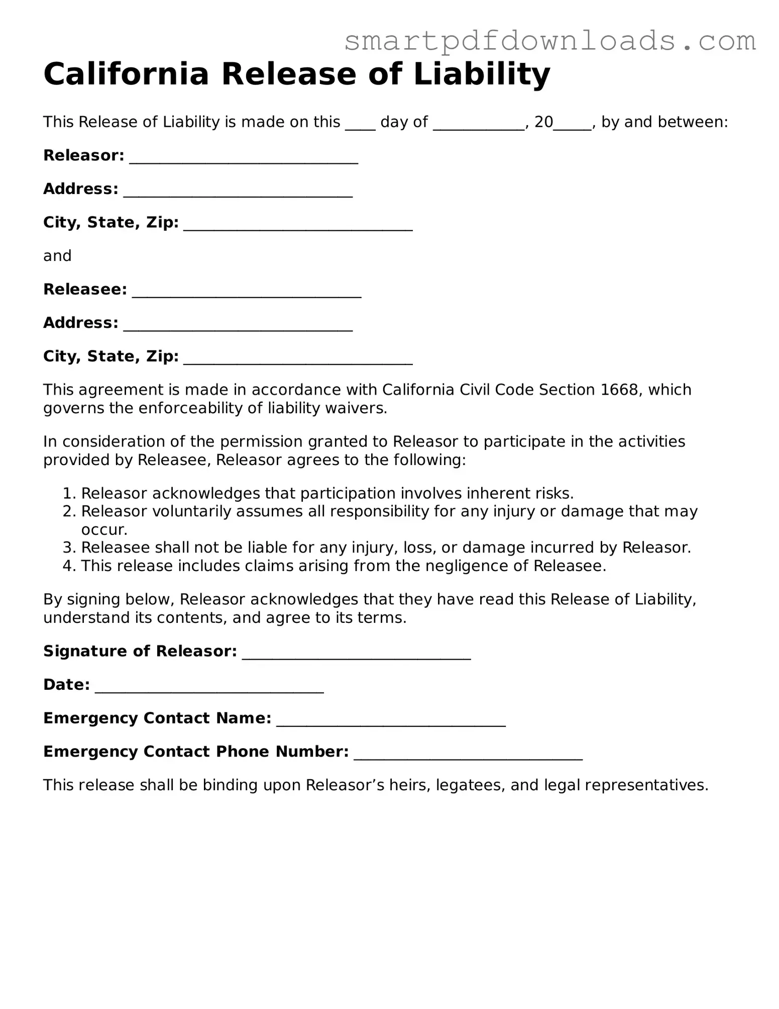 Legal Release of Liability Form for the State of California