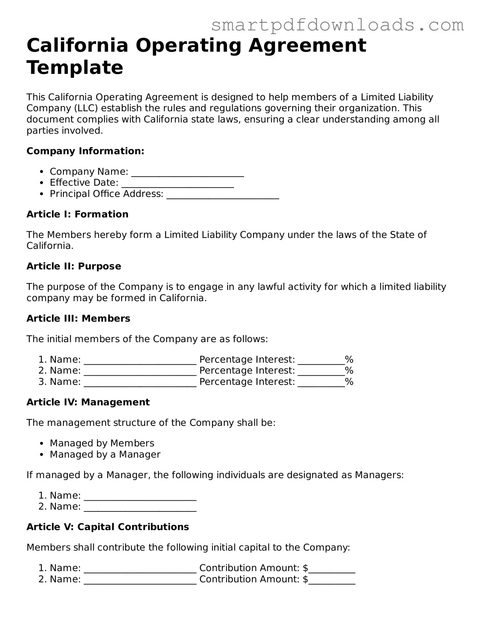 Legal Operating Agreement Form for the State of California