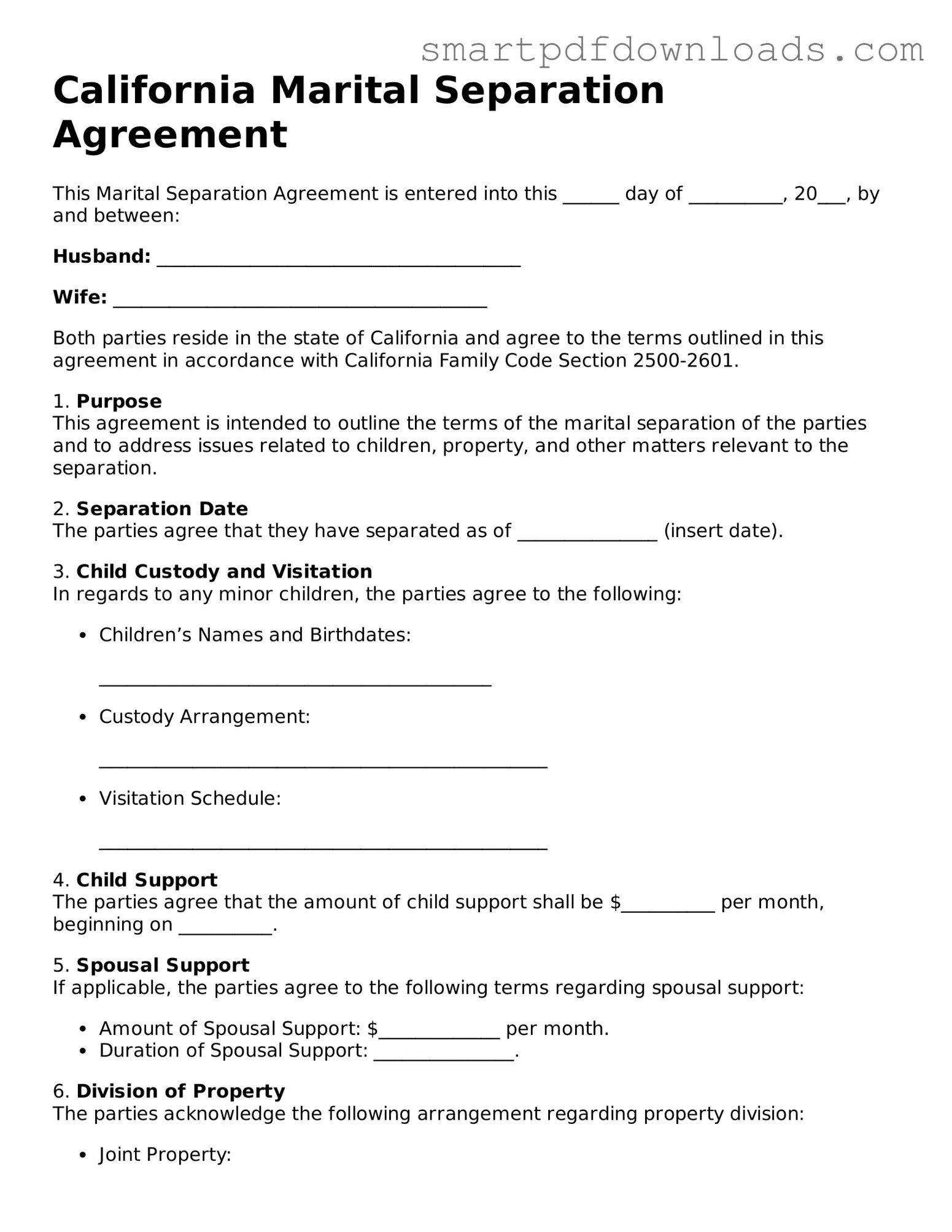 Legal Marital Separation Agreement Form for the State of California