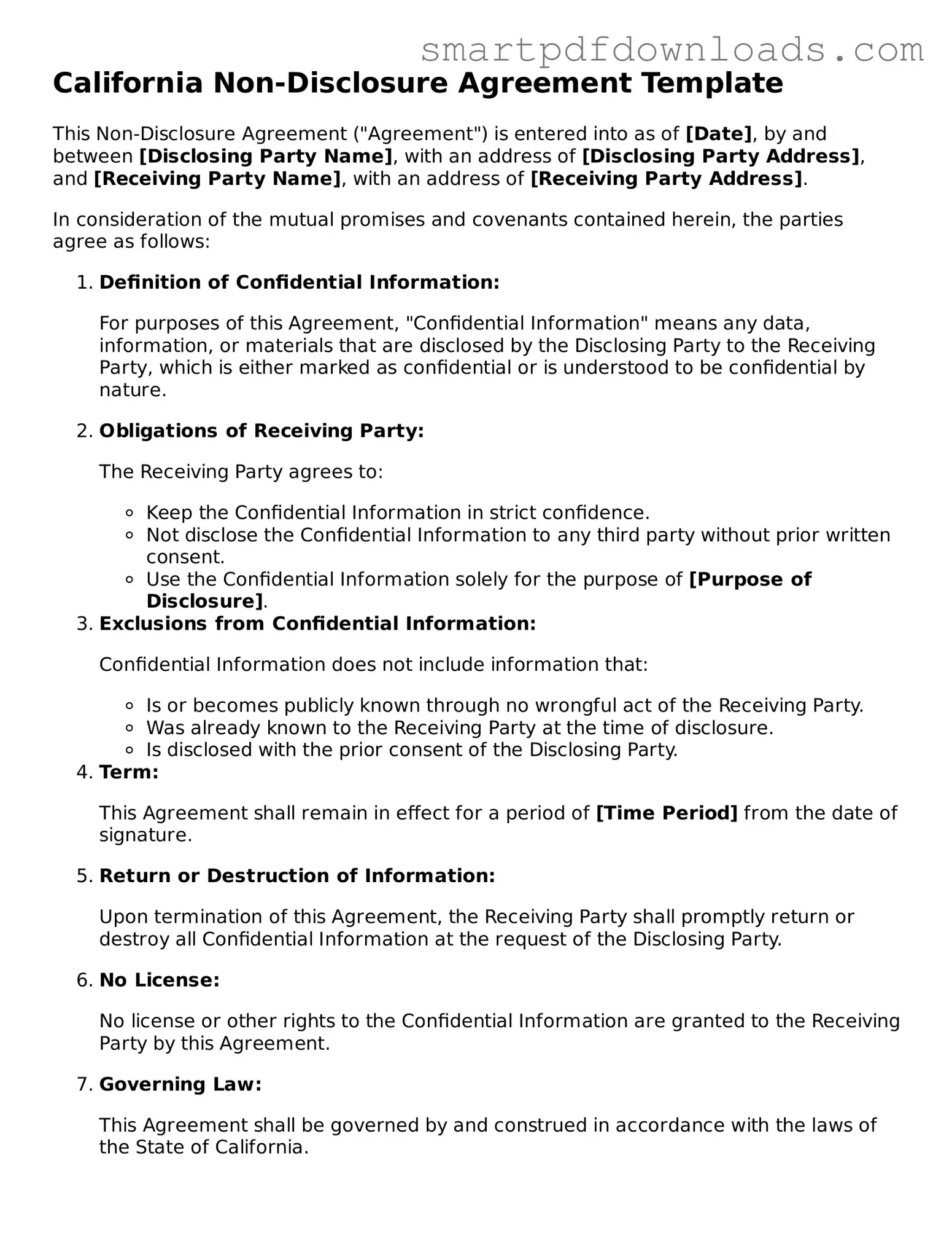 Legal Non-disclosure Agreement Form for the State of California