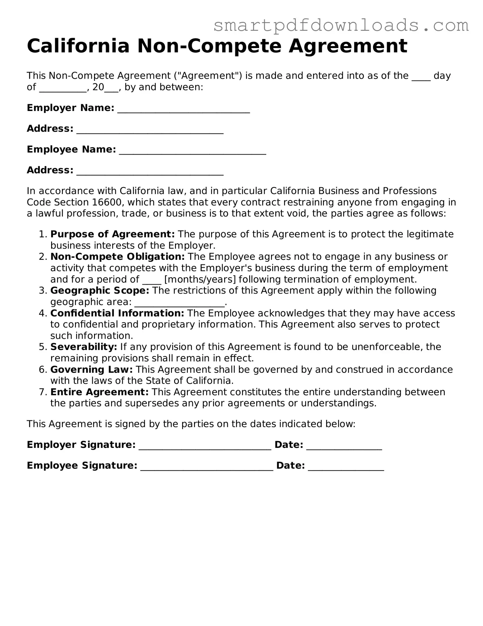 Legal Non-compete Agreement Form for the State of California