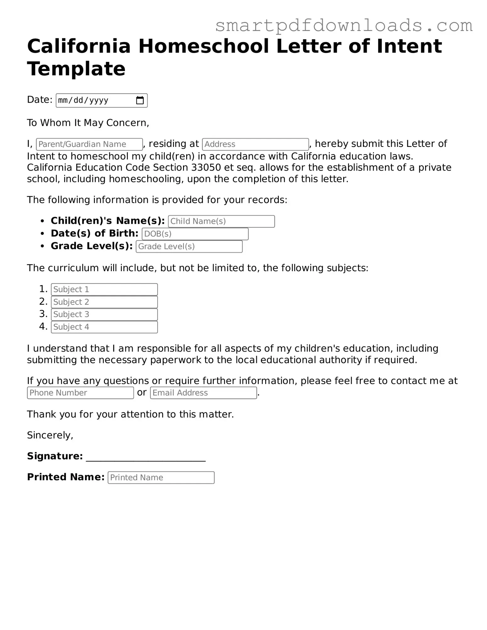 Legal Homeschool Letter of Intent Form for the State of California
